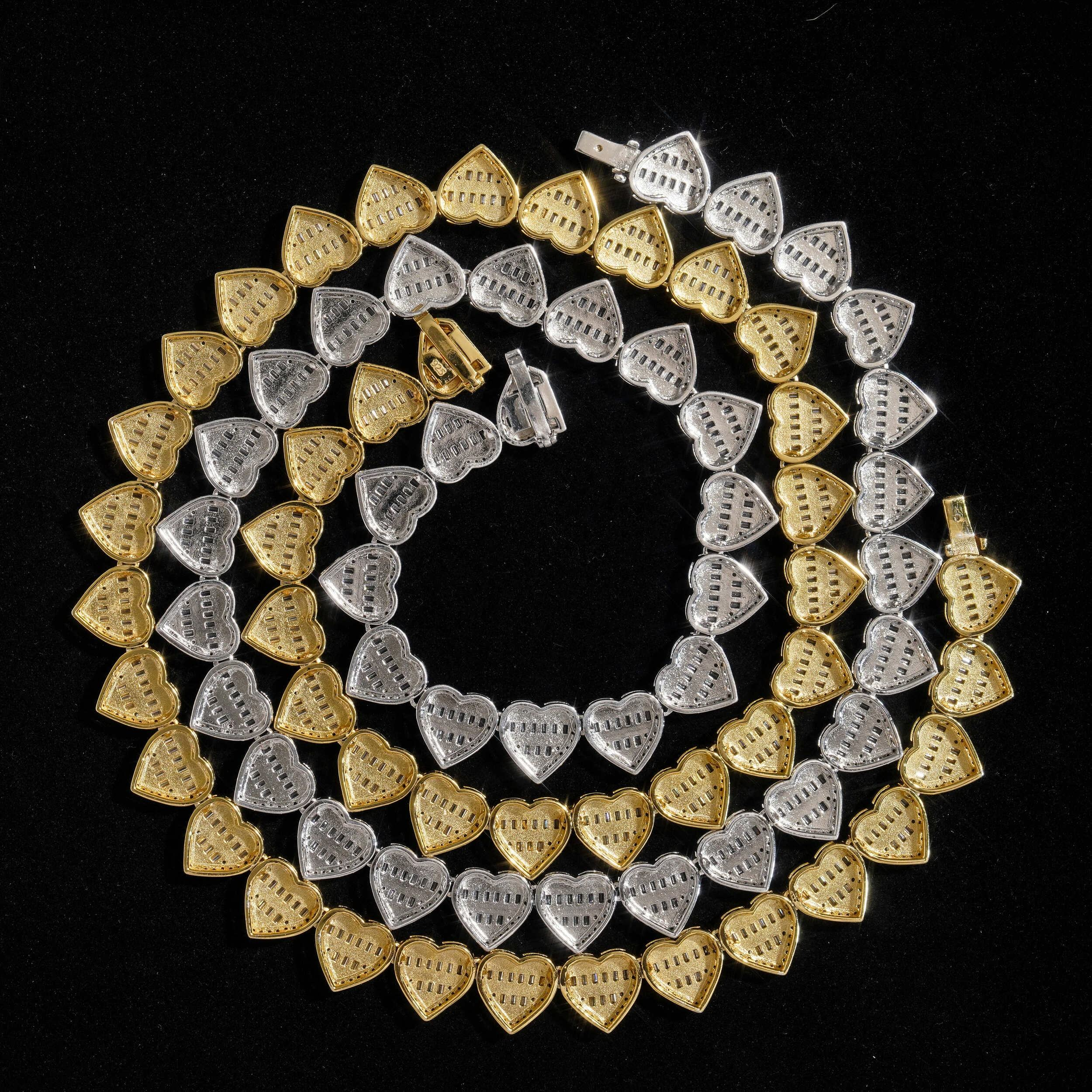 13MM Gold Baguette Cut Heart Tennis Chain Necklace