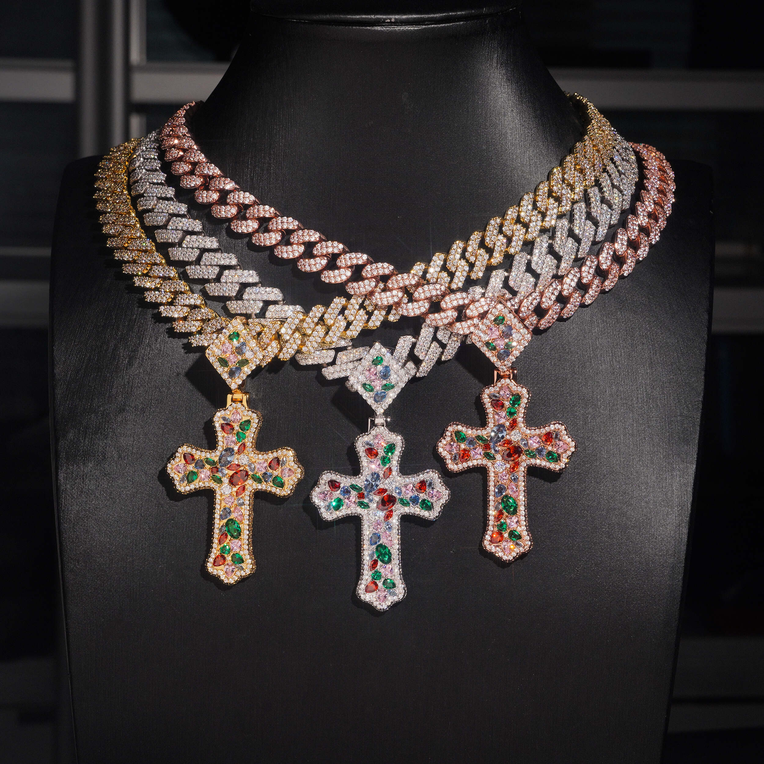 Fancy Cut Color Mix Cross Pendant Iced Out Men Jewelry