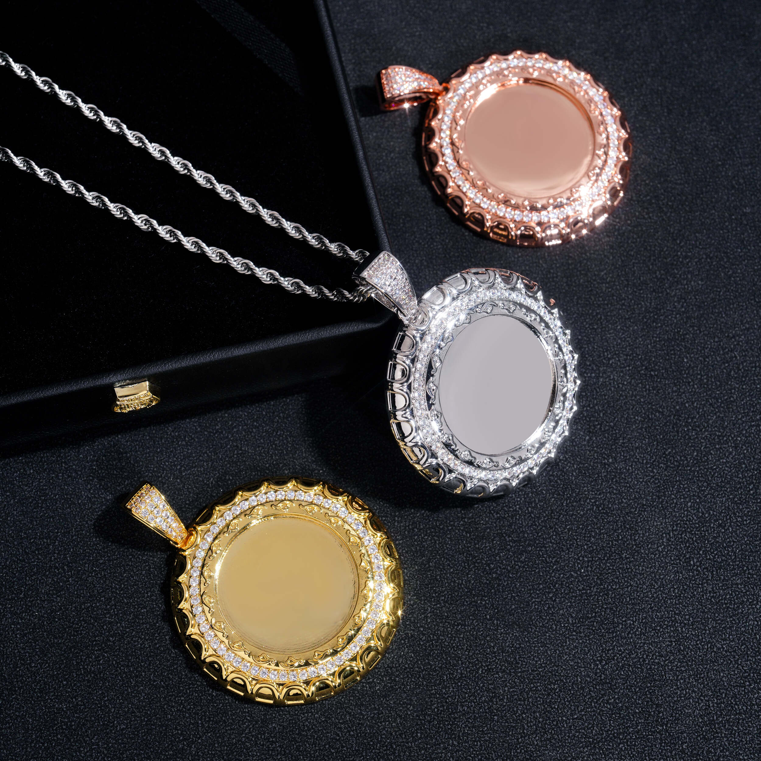 Iced Out Cz Circle Photo Memory Pendant