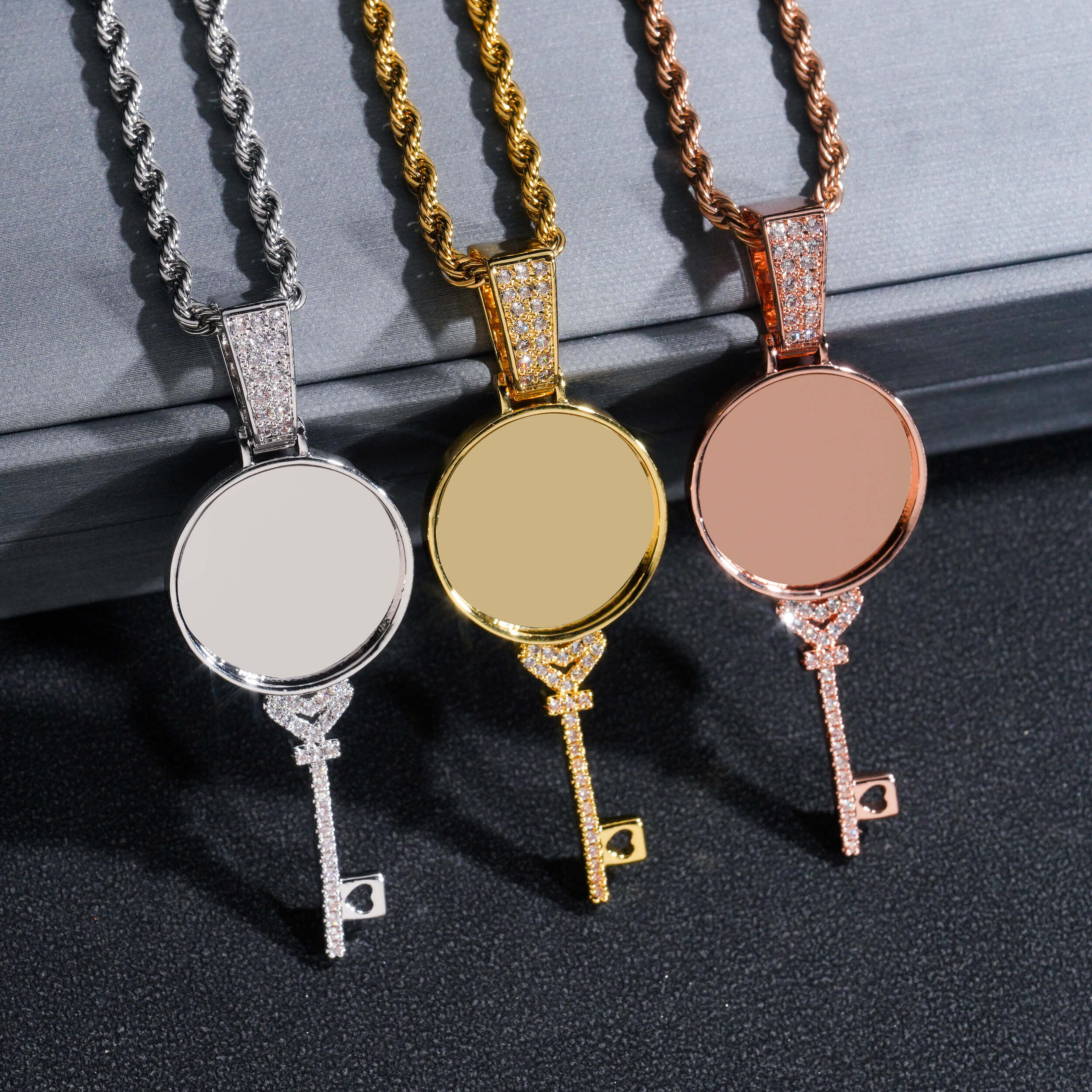 Key Shaped Photo Memory Pendant Iced Out Pendant Charm