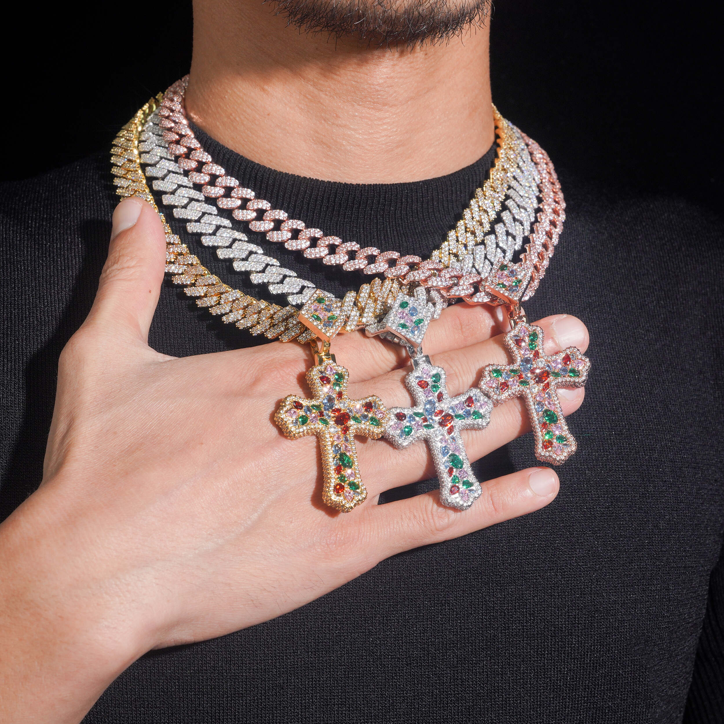 Hip Hop Fancy Cut Color Mix Cross Pendant Charm