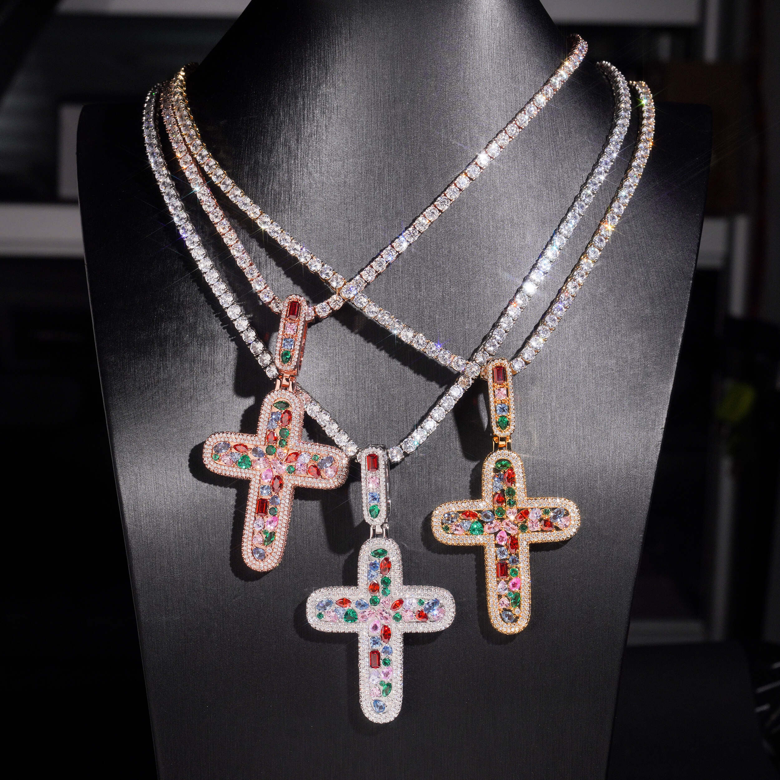 Mix Color Fancy Cut Cubic Zirconia Cross Pendant