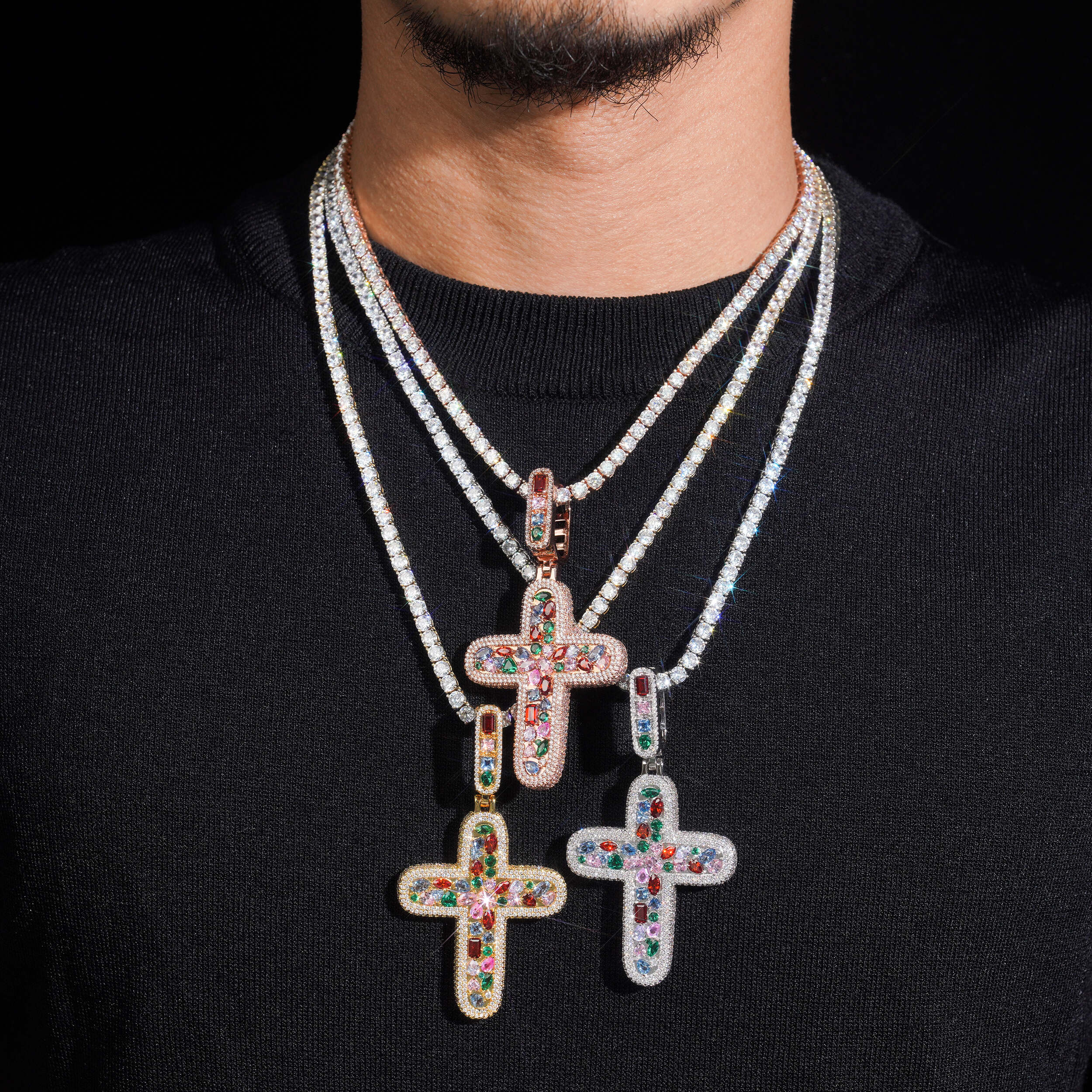 Mix Color Fancy Cut Cubic Zirconia Cross Pendant