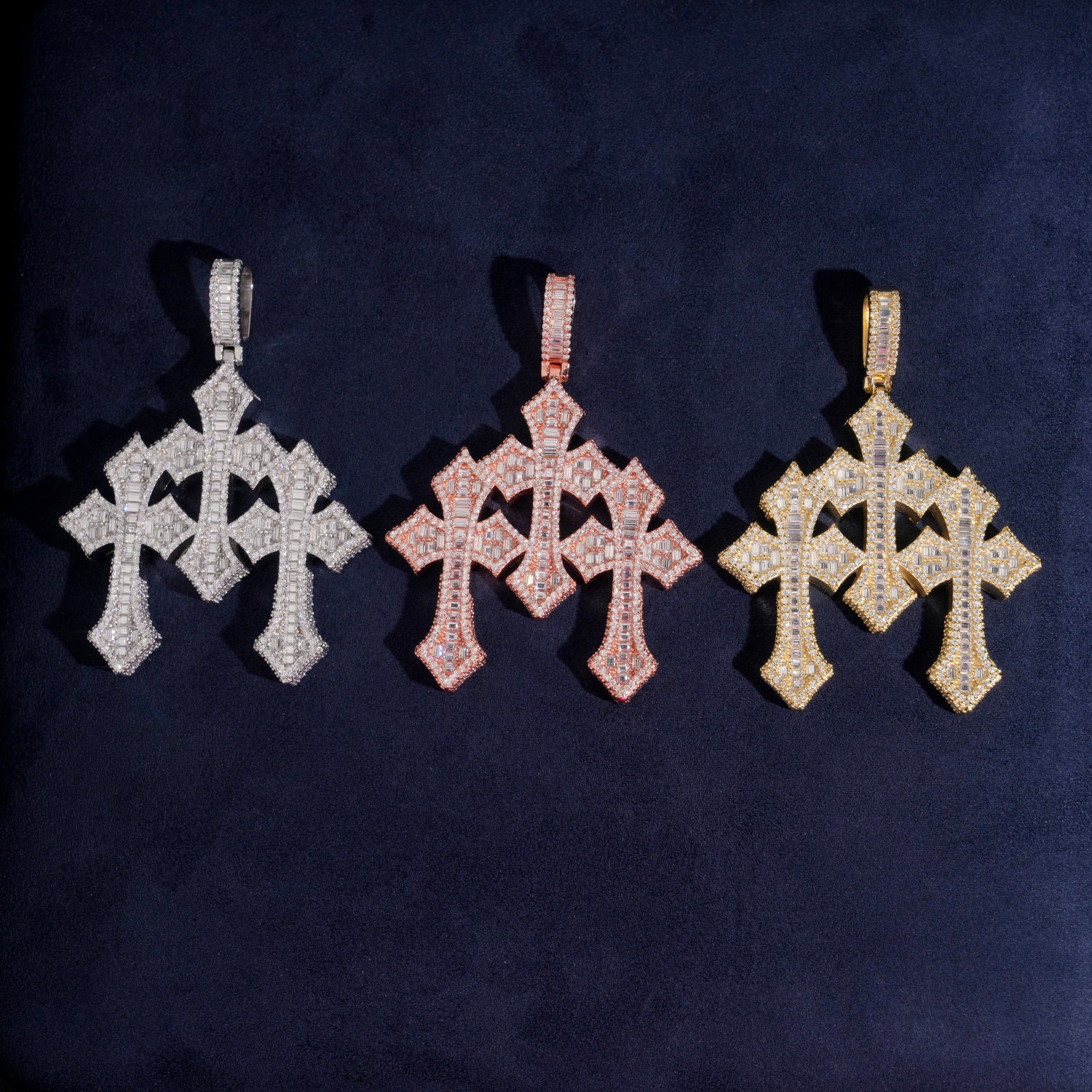 Baguette Cut Design Cubic Zirconia Iced Out Three Cross Pendant