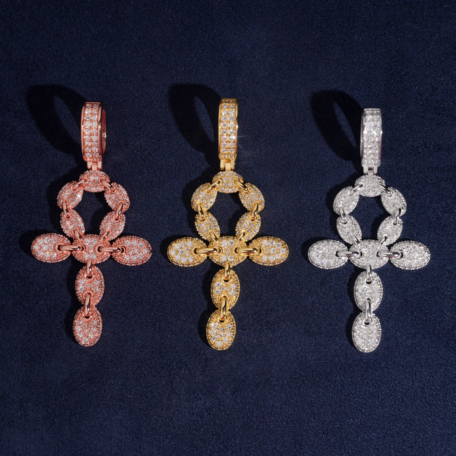 Micro Pave Cubic Zirconia Iced Out Mariner Link Ankh Cross Pendant