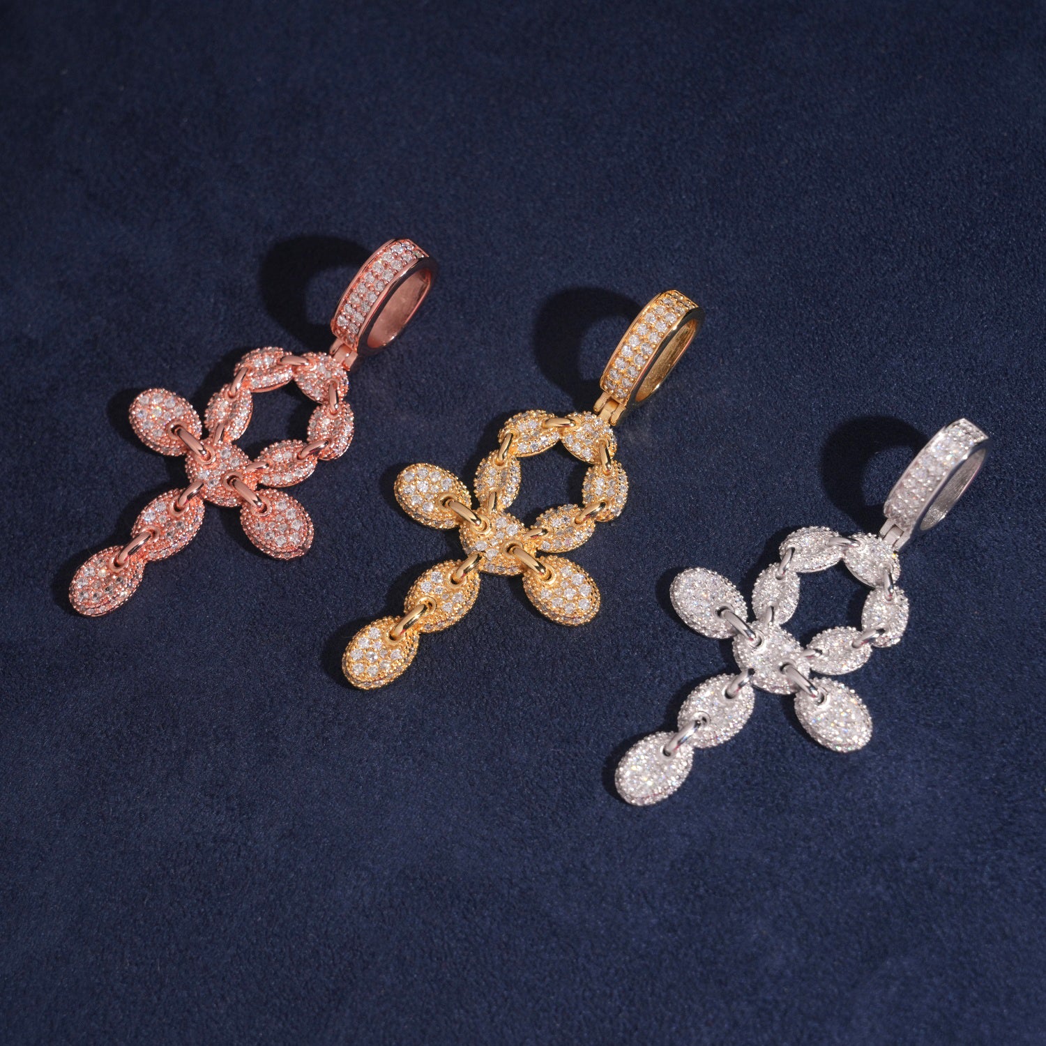 Micro Pave Cubic Zirconia Iced Out Mariner Link Ankh Cross Pendant