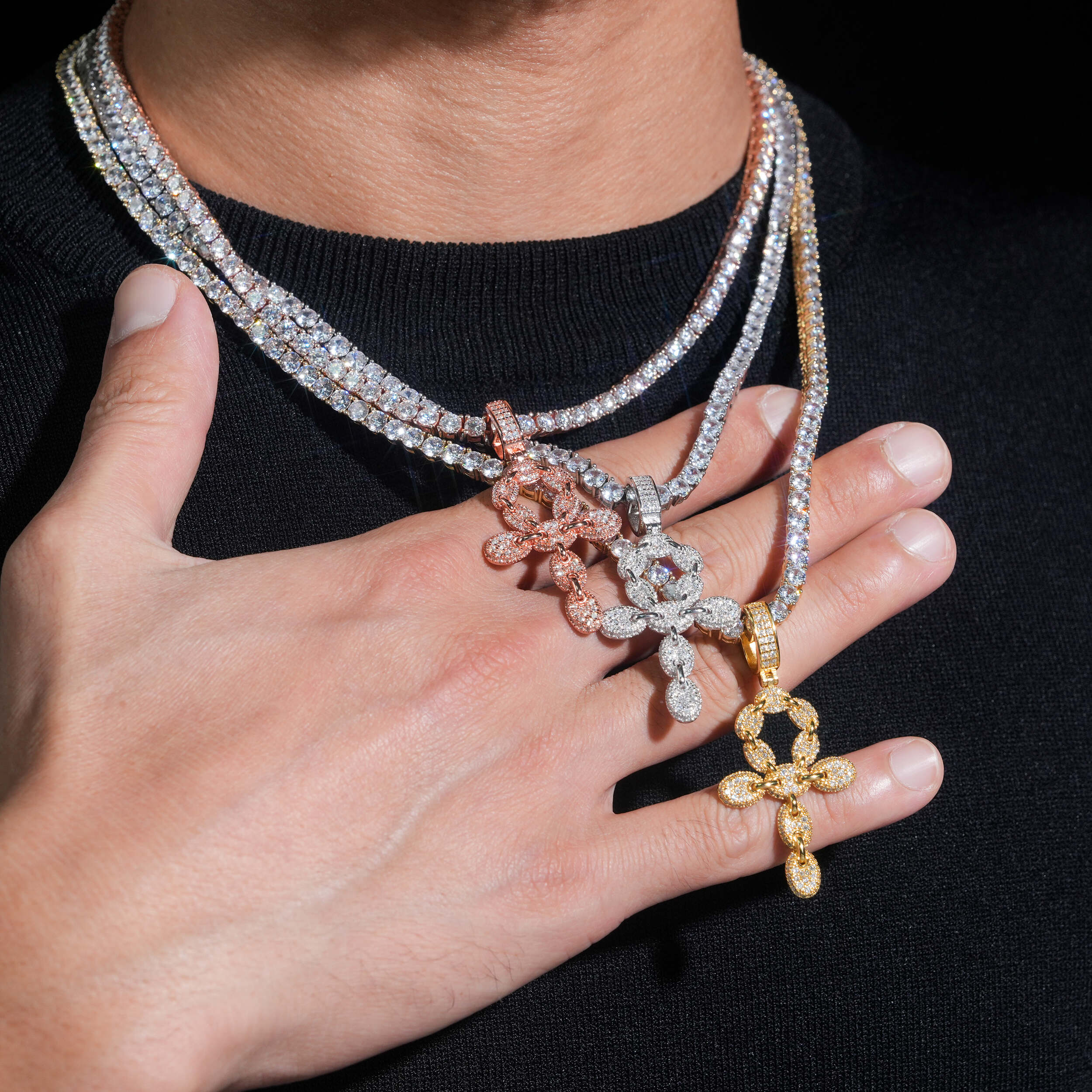 Micro Pave Cubic Zirconia Iced Out Mariner Link Ankh Cross Pendant