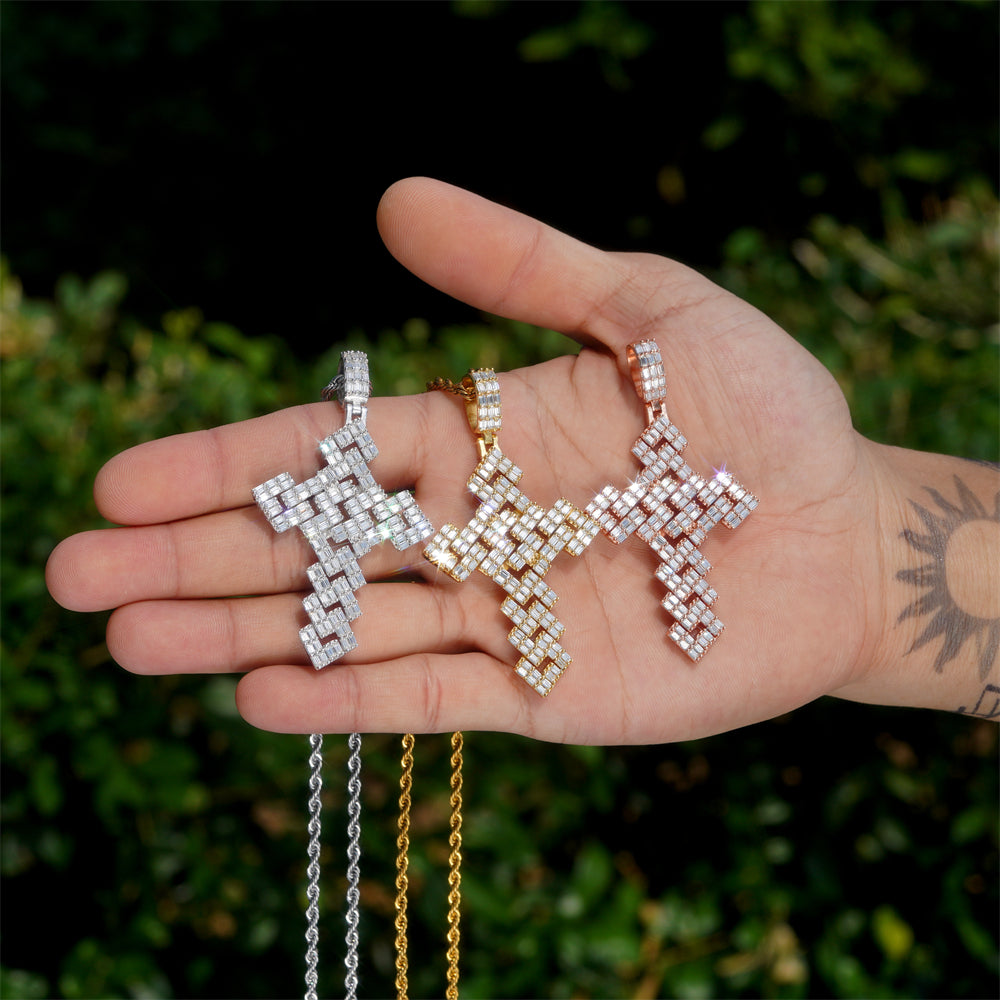 Baguette Cut Cz Cubic Zirconia Cross Pendant