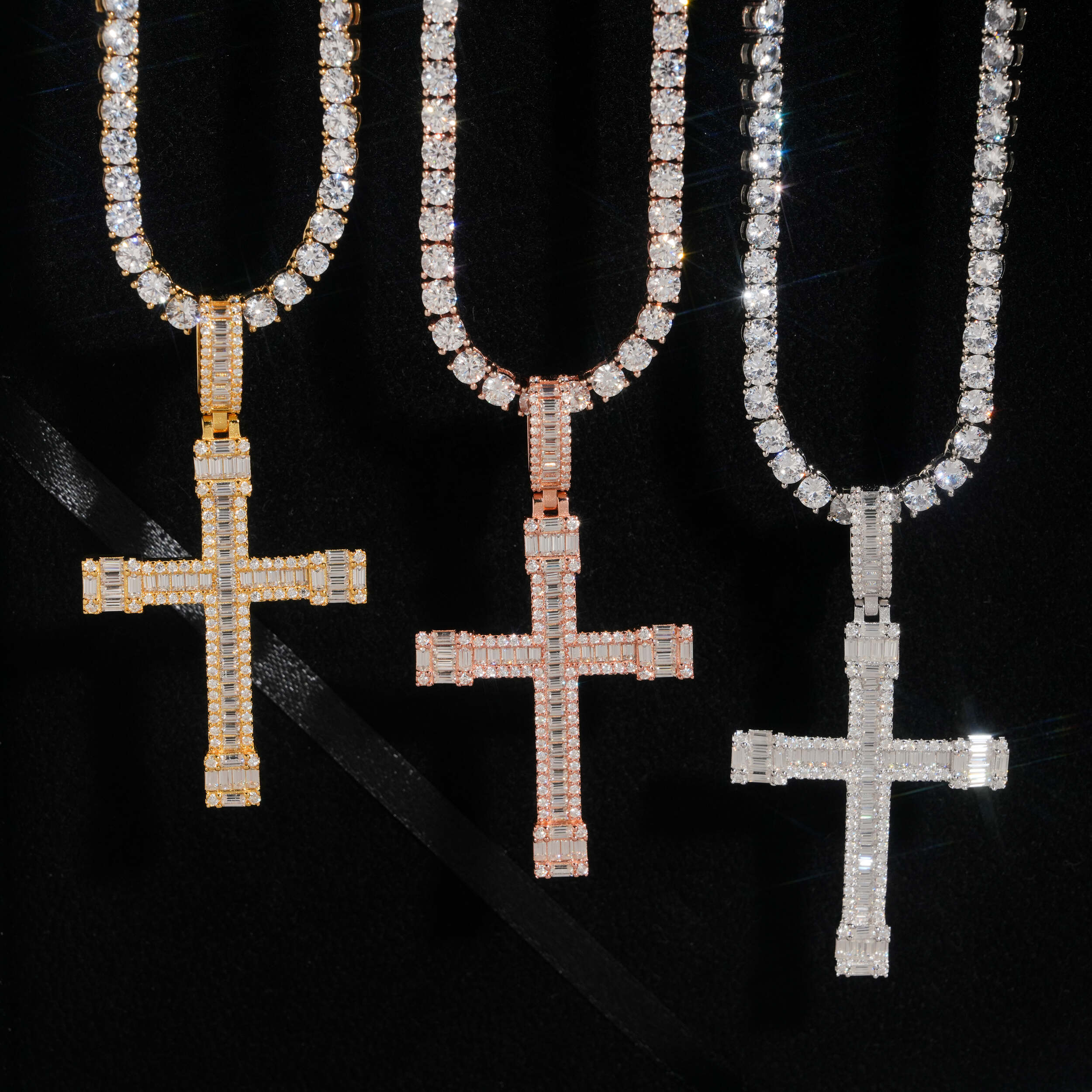 Classic Baguette Cut Cz Diamond Cross Pendant Charm Unisex