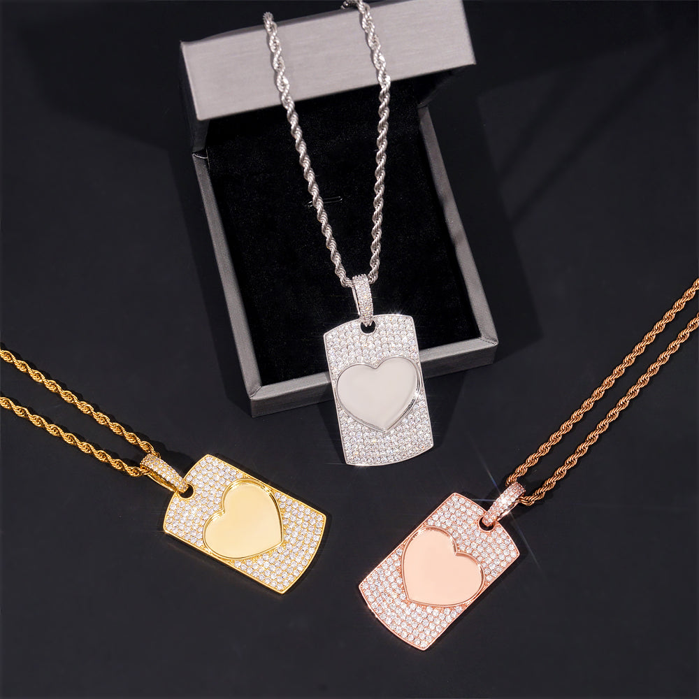 Iced Out Heart Shaped Photo Memory Dog Tag Pendant