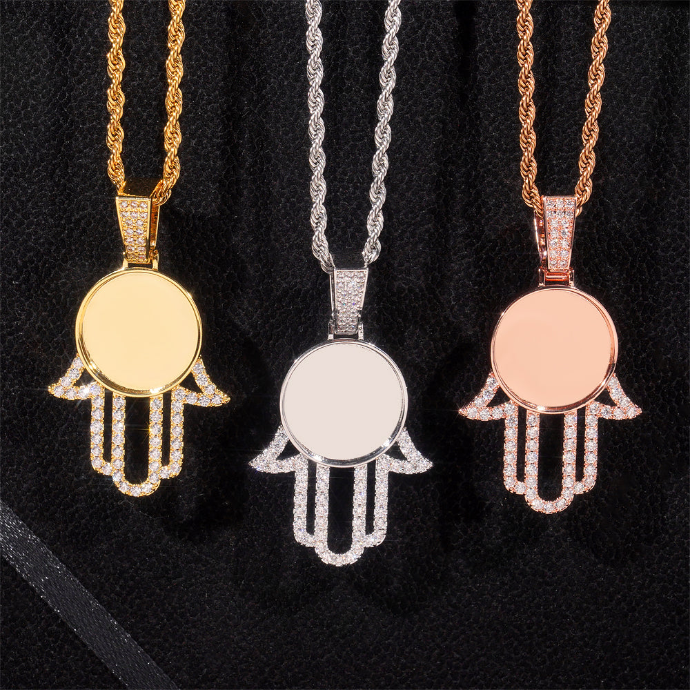 Hip Hop Iced Out Bling Jewelry Hamsa Hand Photo Memory Pendant