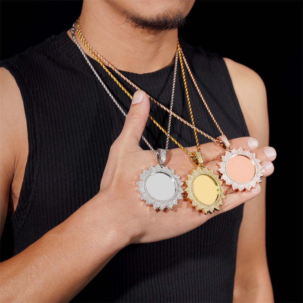 Flower Shaped Photo Picture Memory Pendant Iced Out