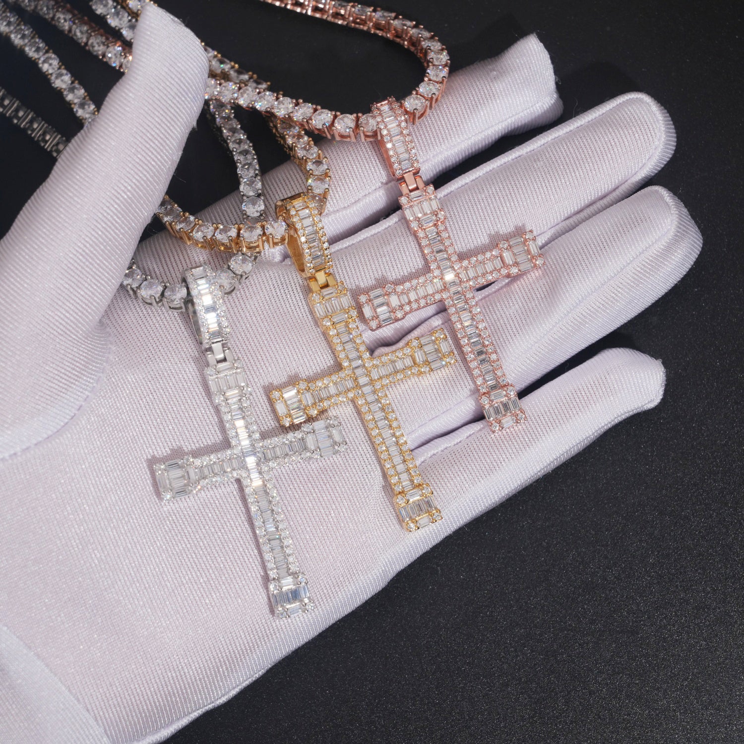 Classic Baguette Cut Cz Diamond Cross Pendant Charm Unisex
