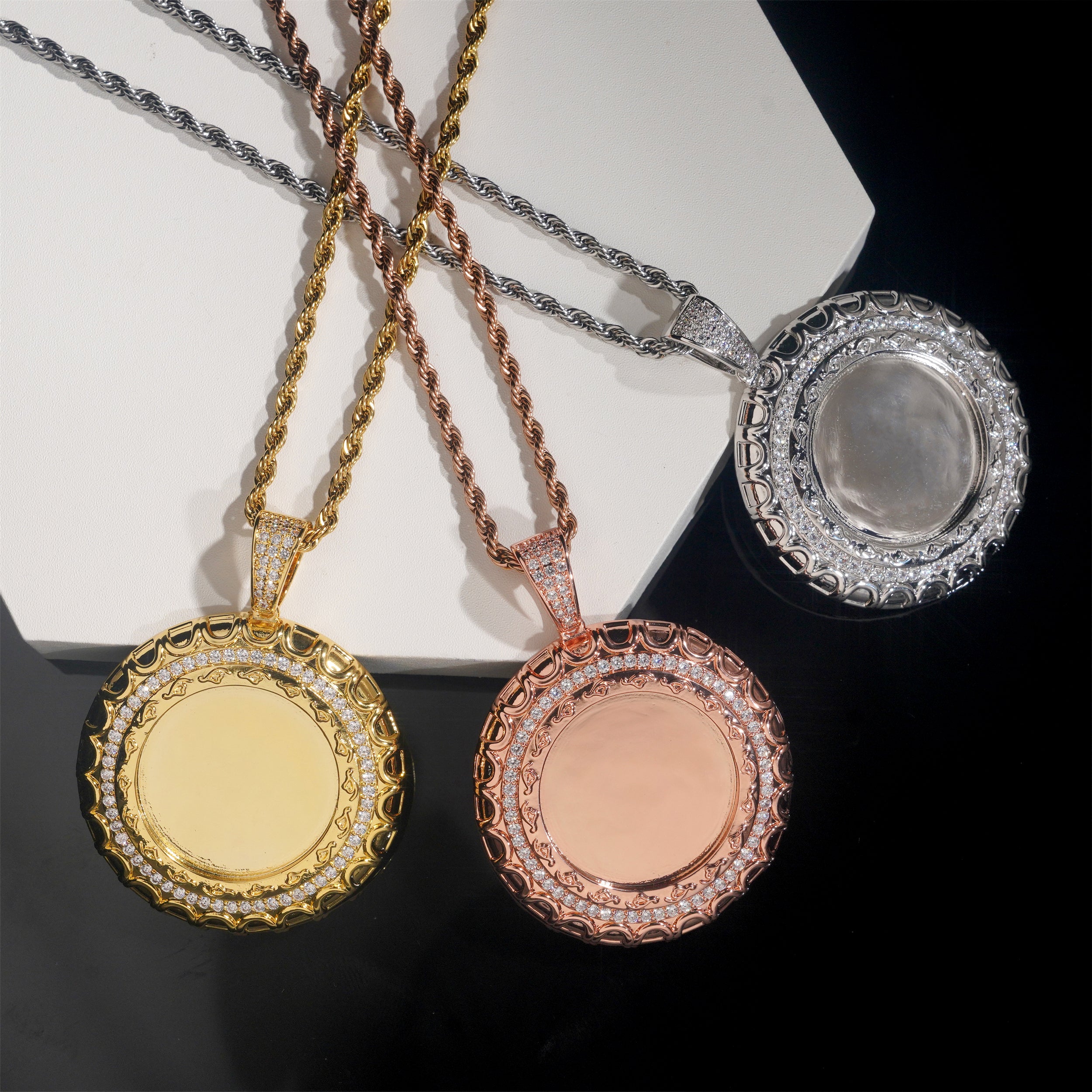 Iced Out Cz Circle Photo Memory Pendant