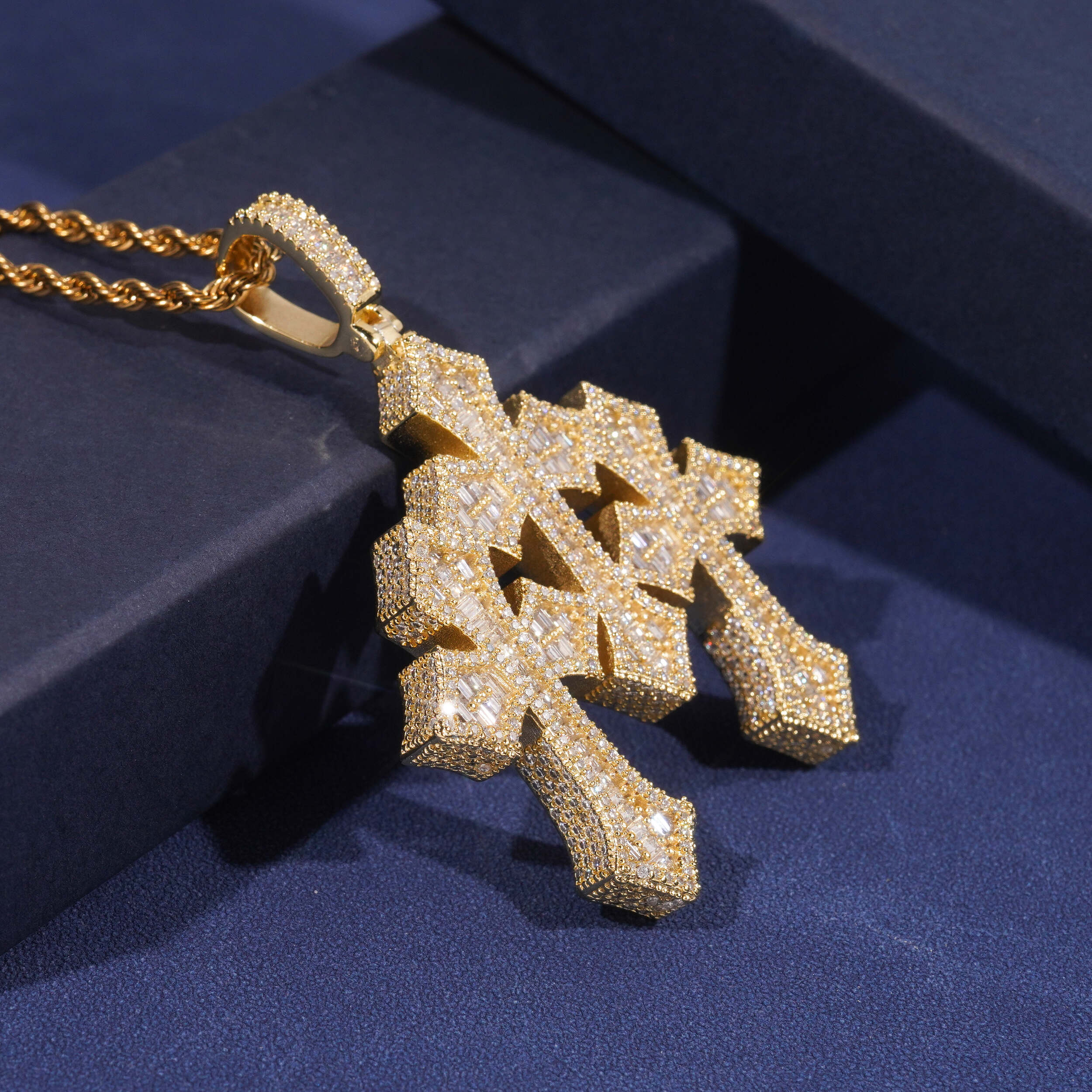 Baguette Cut Design Cubic Zirconia Iced Out Three Cross Pendant