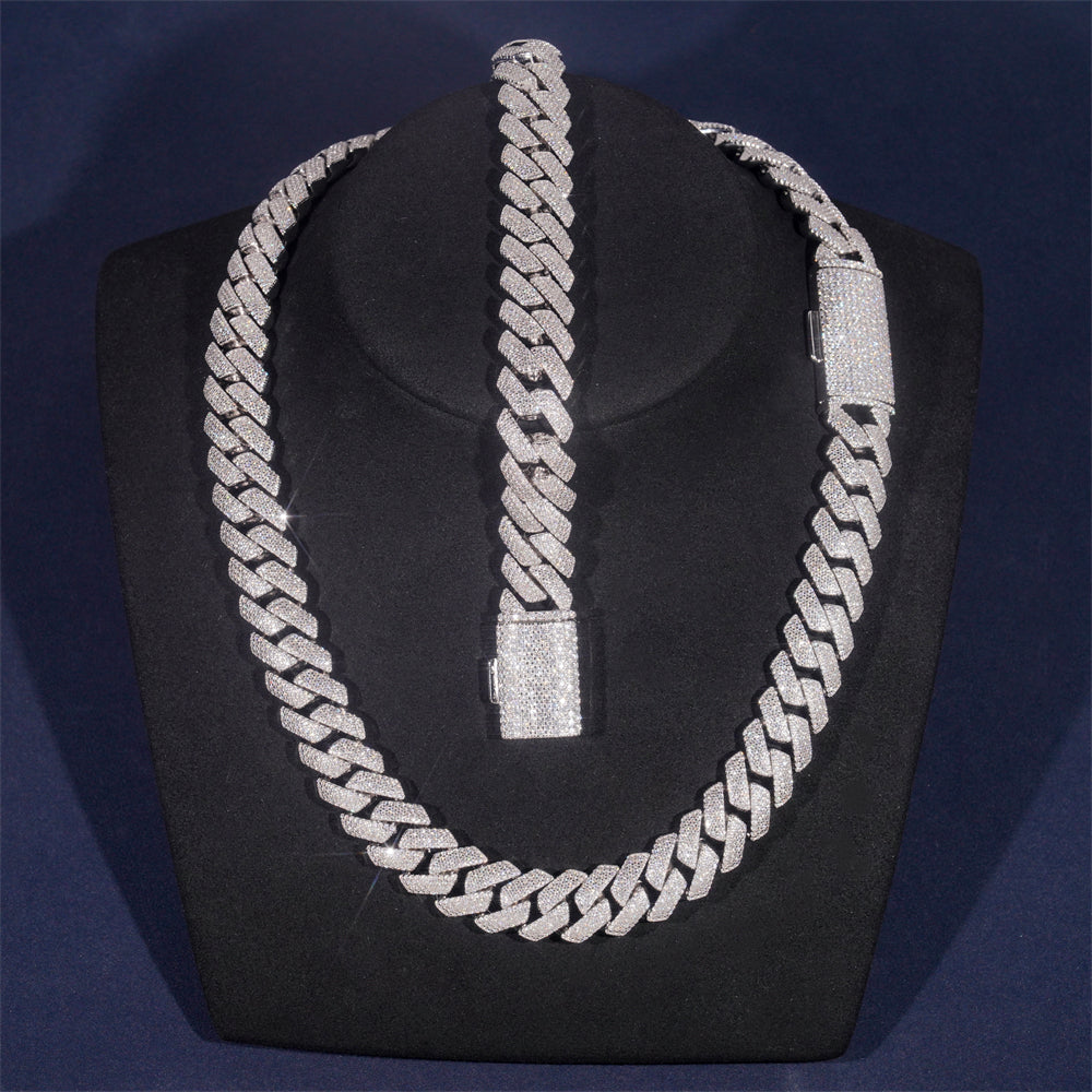 Hip Hop Iced Out 15MM 4 Rows Prong Set Cuban Link Chain Necklace