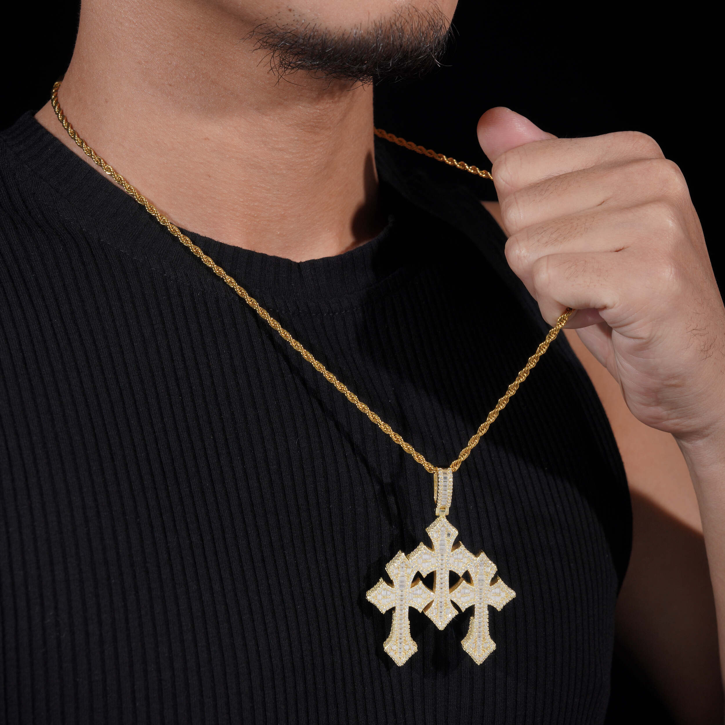 Baguette Cut Design Cubic Zirconia Iced Out Three Cross Pendant