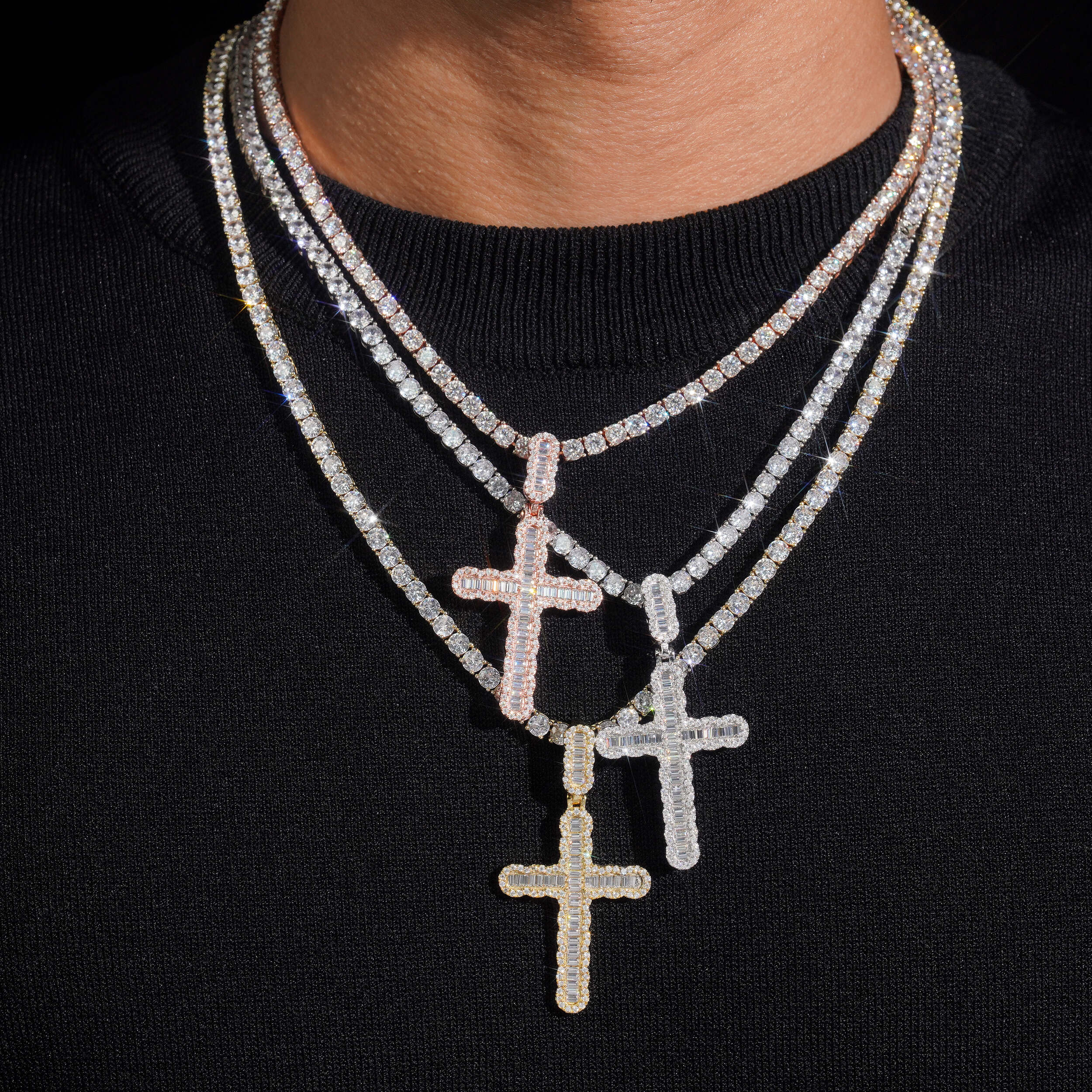 Baguette Diamond Iced Out Cross Pendant Hip Hop Jewelry