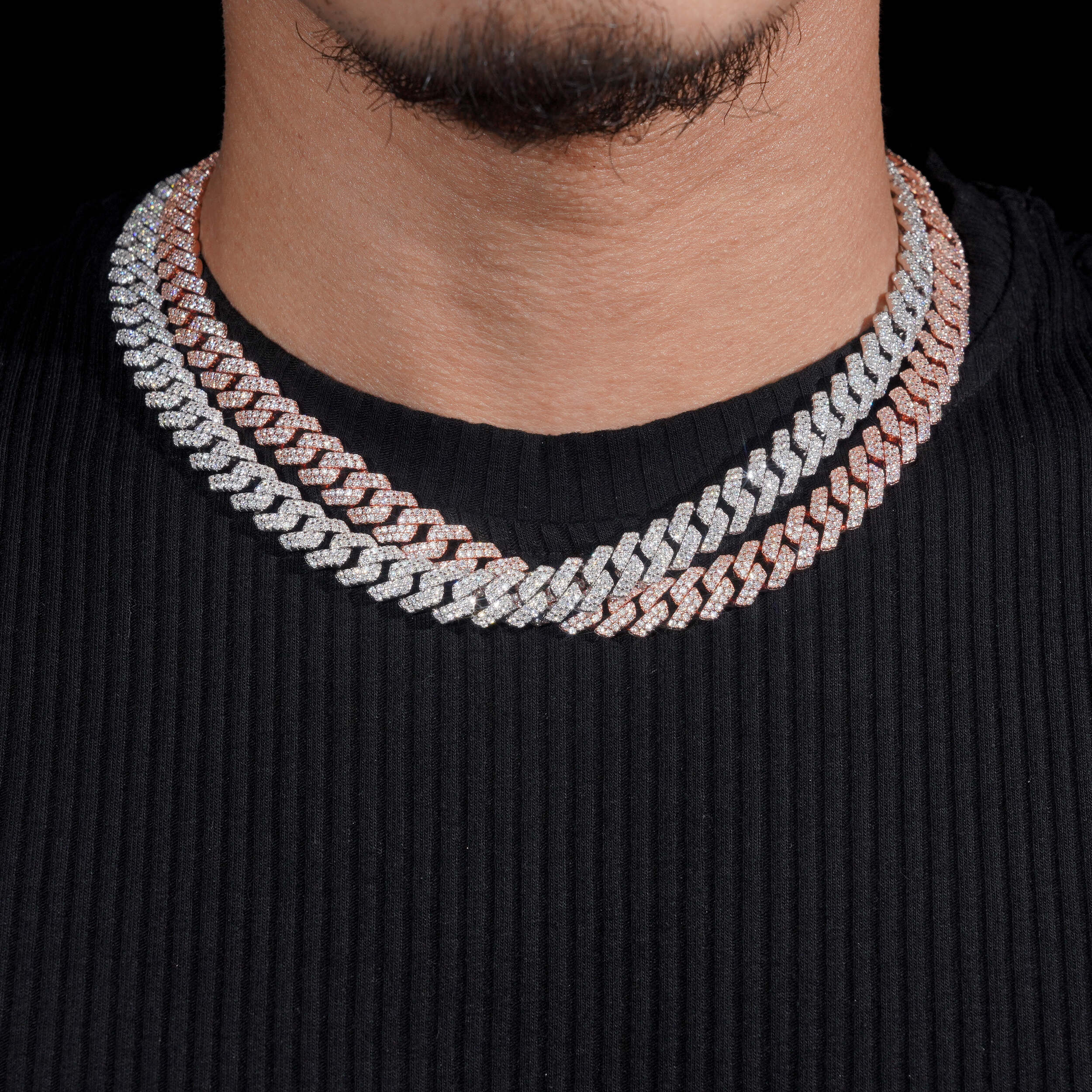 10MM Two Rows Cubic Zirconia Cuban Link Chain Necklace