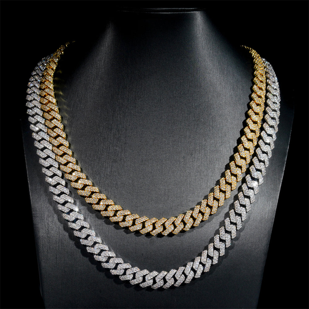 18K Yellow Gold Two Rows Prong Set Cuban Chain Necklace