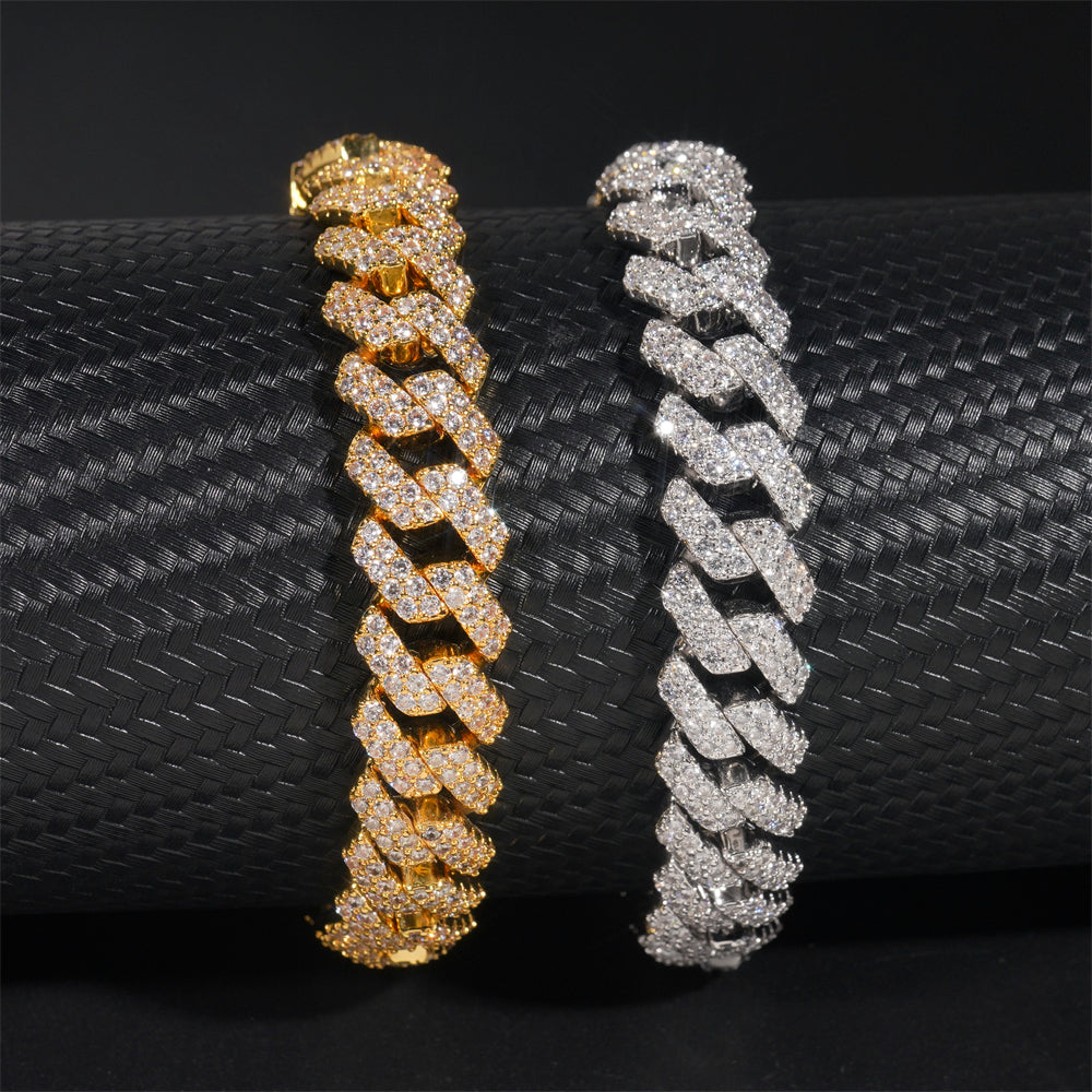 12MM Double Rows Prong Set Cubic Zirconia Men Cuban Link Bracelet