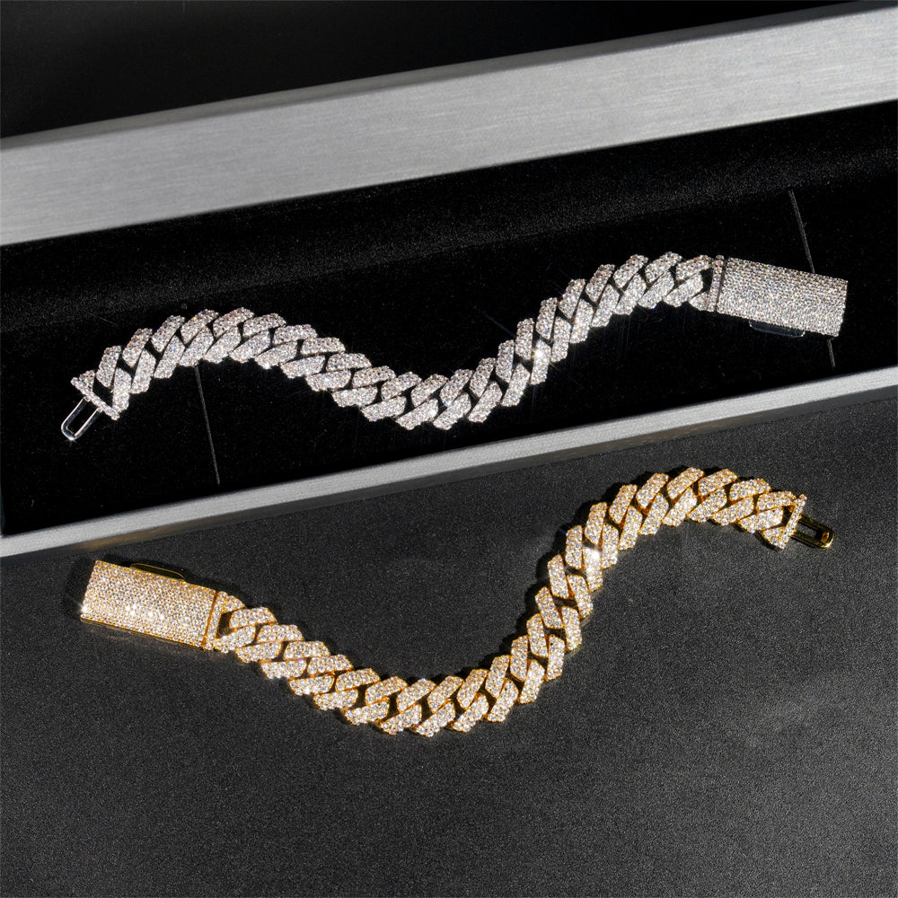 12MM Double Rows Prong Set Cubic Zirconia Men Cuban Link Bracelet