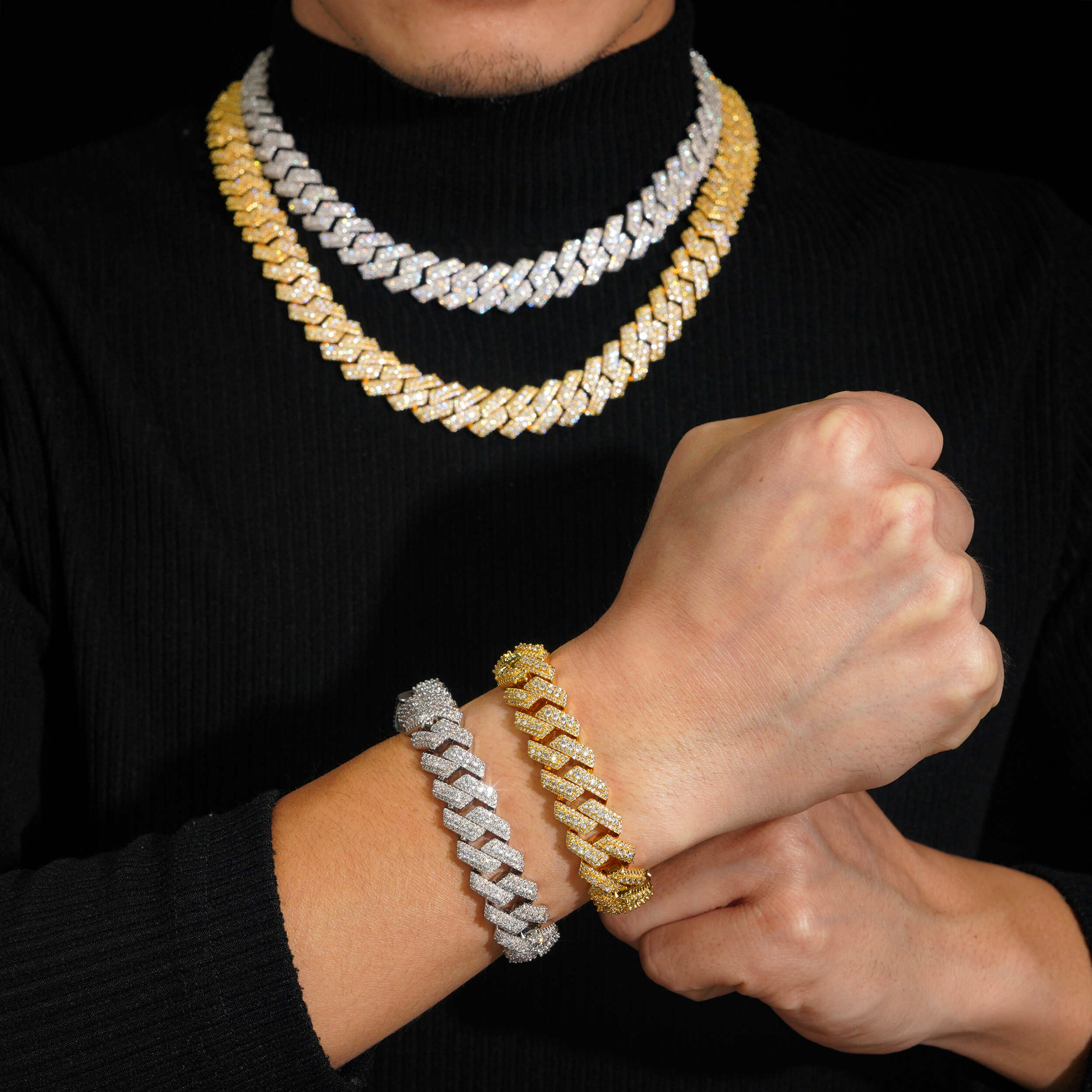 15MM Three Rows Prong Set Iced Out Hip Hop Cuban Link Chain Necklace