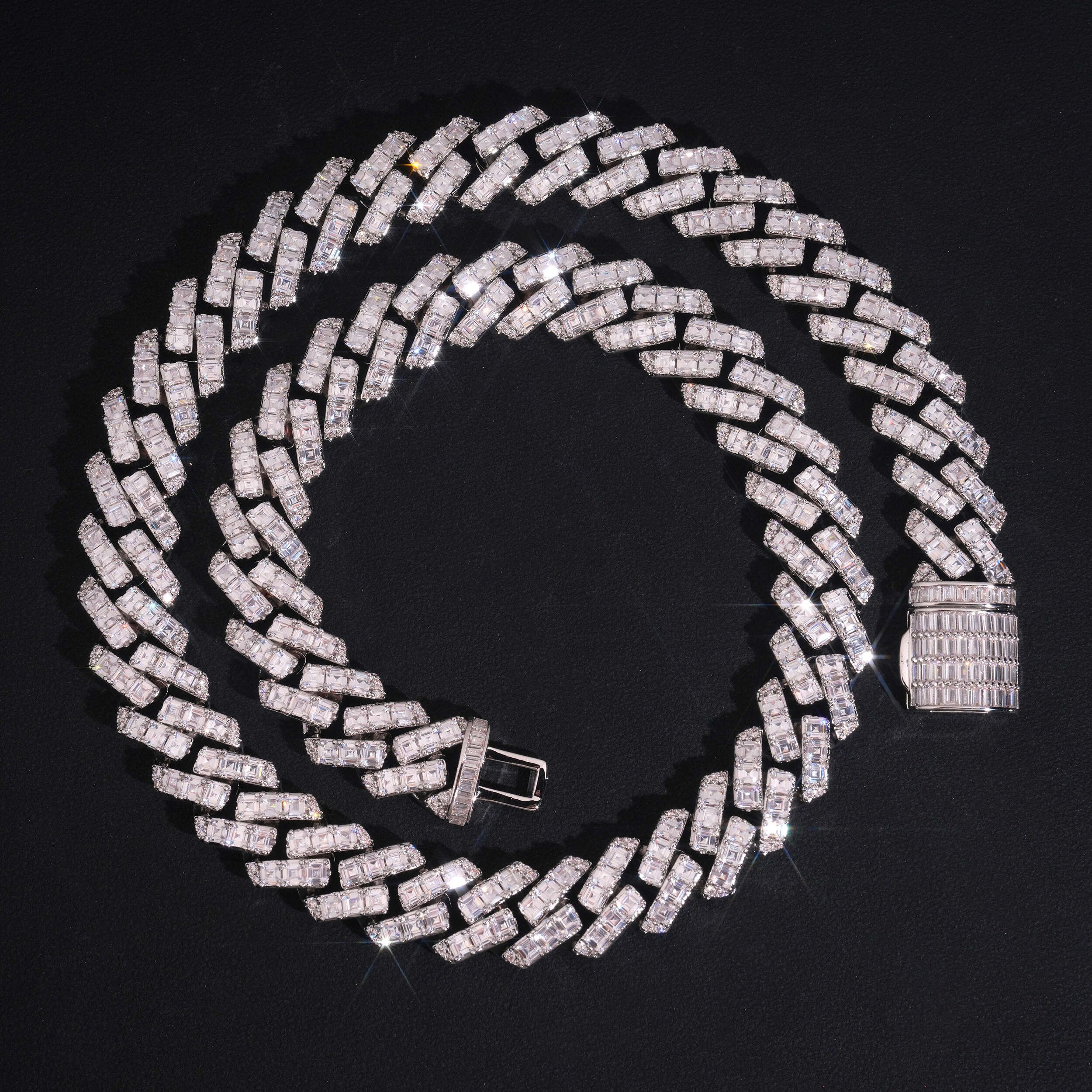 Iced Out Hip Hop Jewelry 15MM Baguette Diamond Cuban Chain Necklace