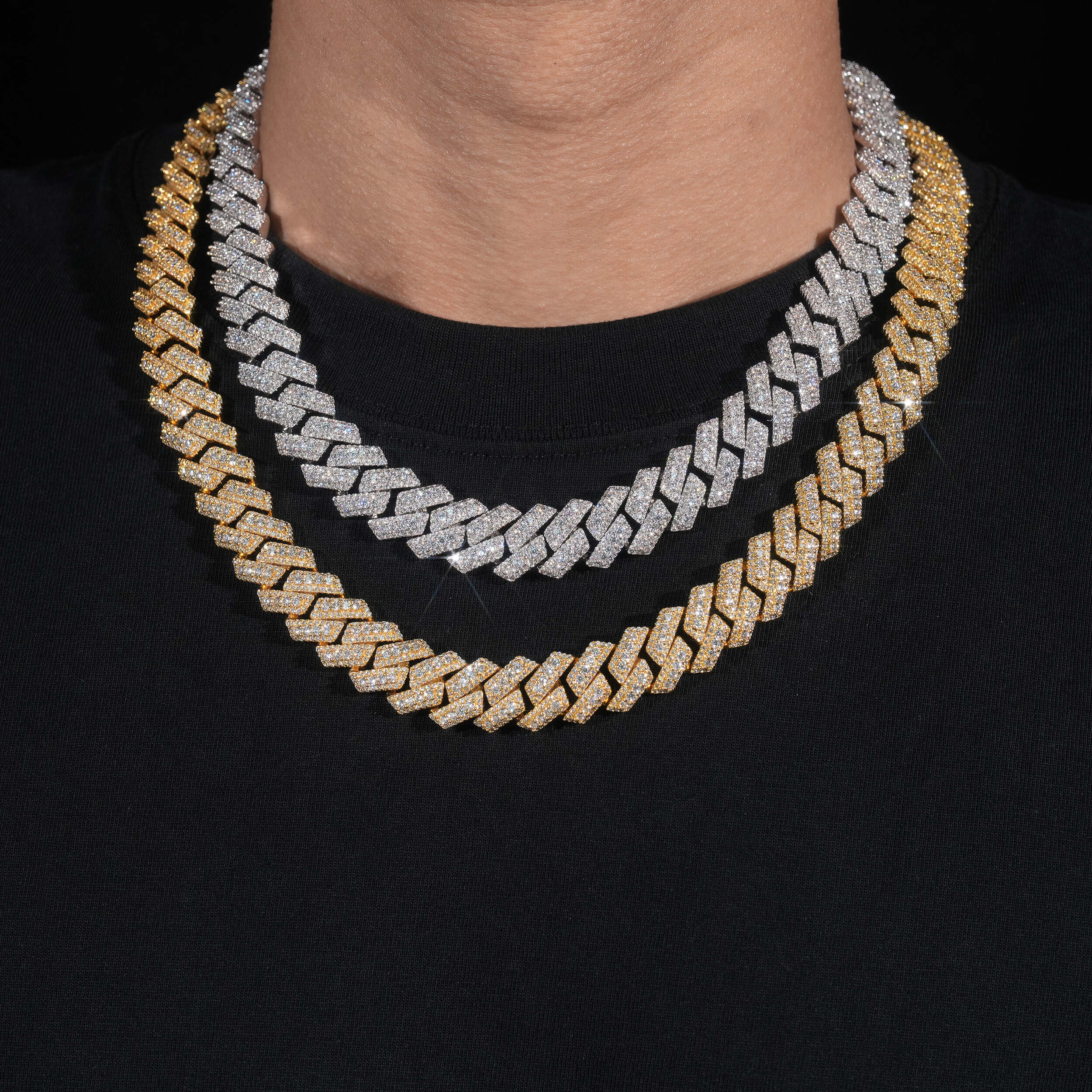 15MM Three Rows Prong Set Iced Out Hip Hop Cuban Link Chain Necklace