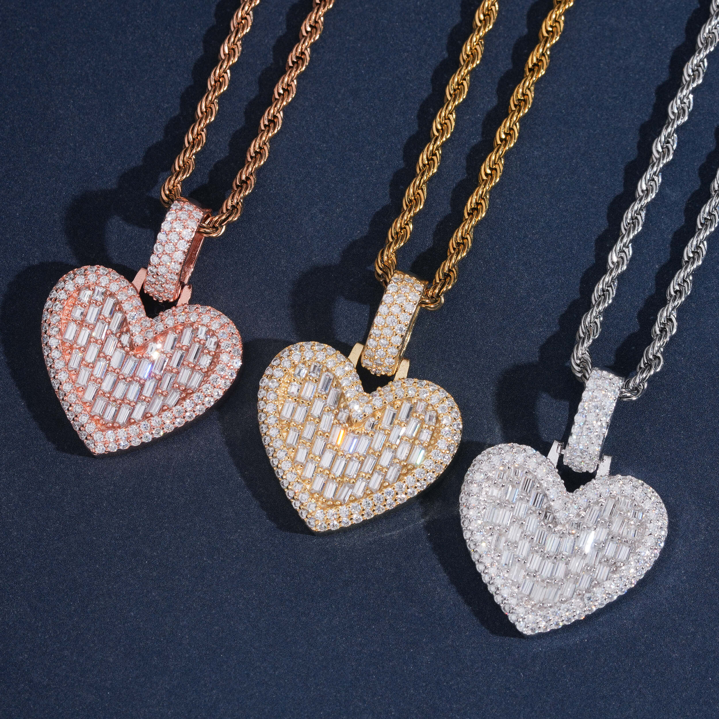 Baguette Diamond Heart Shaped Charm Pendant Iced Out