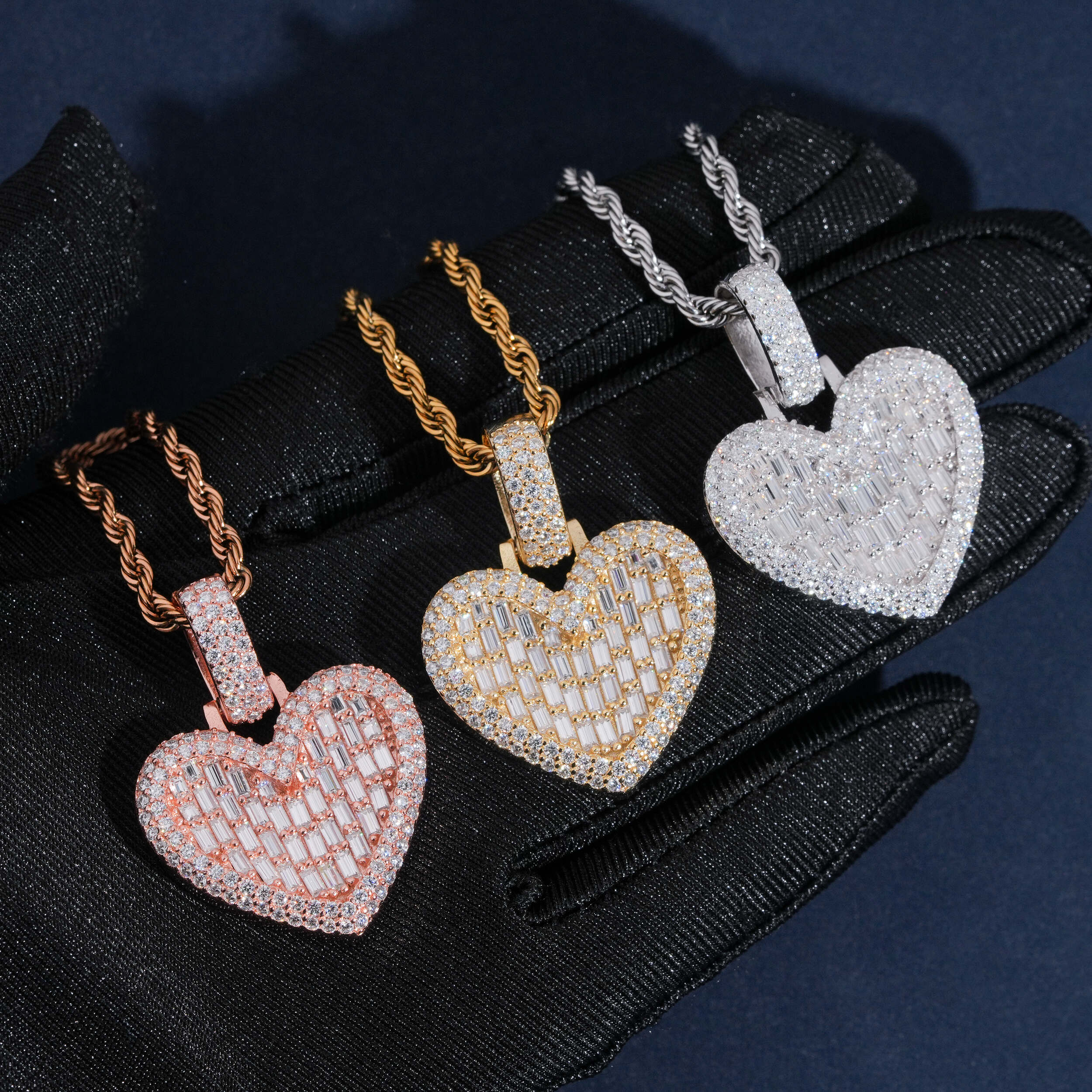 Baguette Diamond Heart Shaped Charm Pendant Iced Out