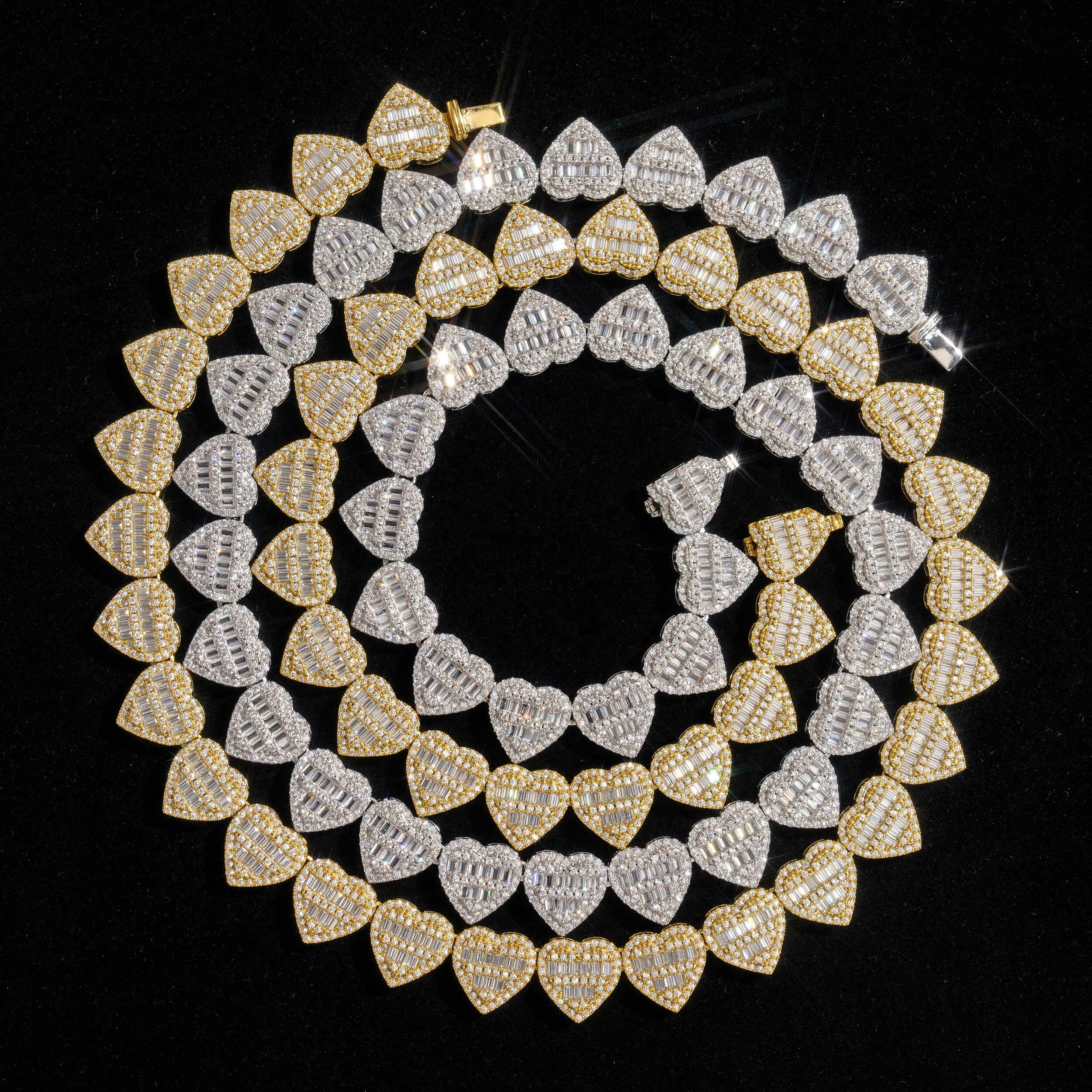 13MM Gold Baguette Cut Heart Tennis Chain Necklace