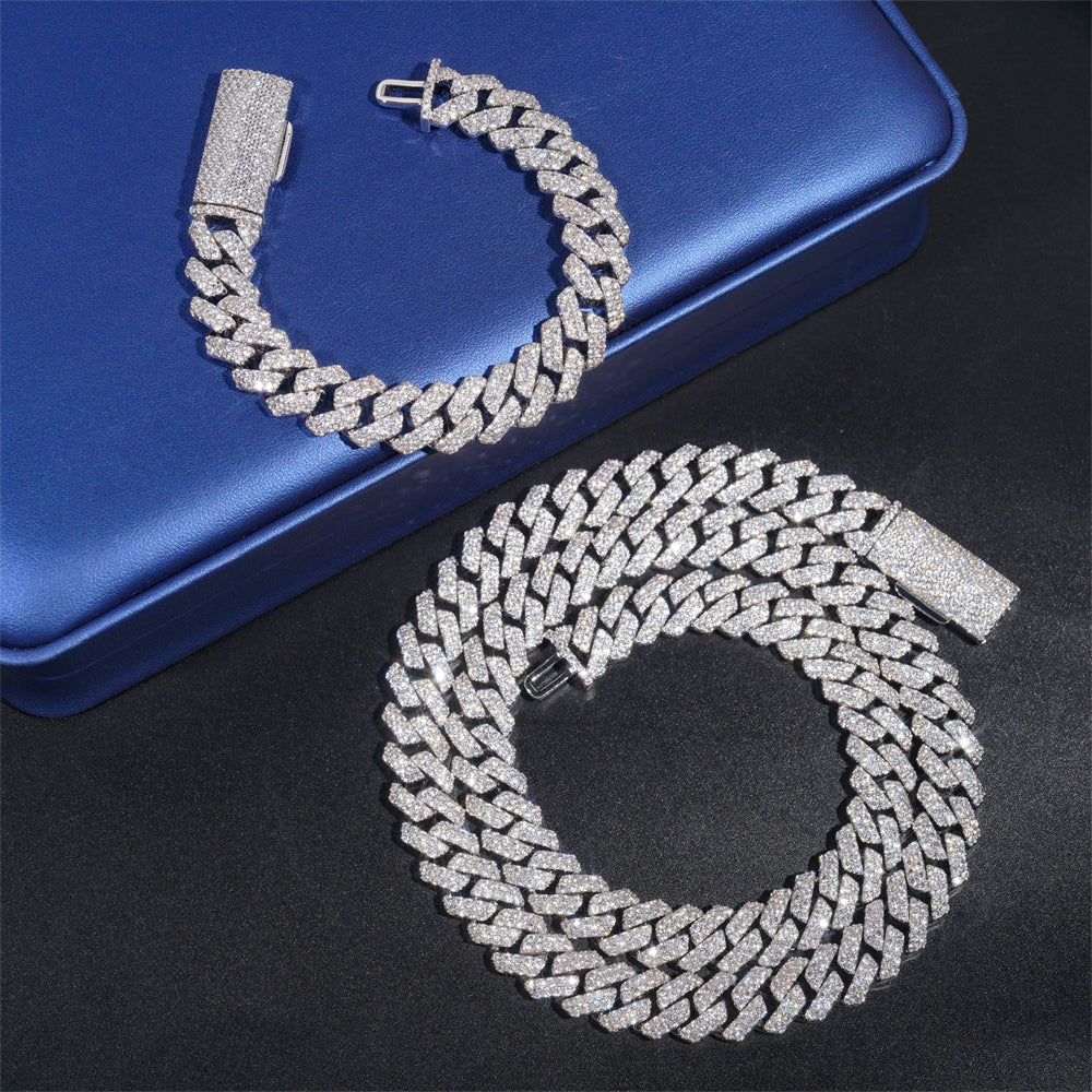 Double Rows Prong Set 12MM Cuban Link Chain Iced Out Hip Hop Jewelry