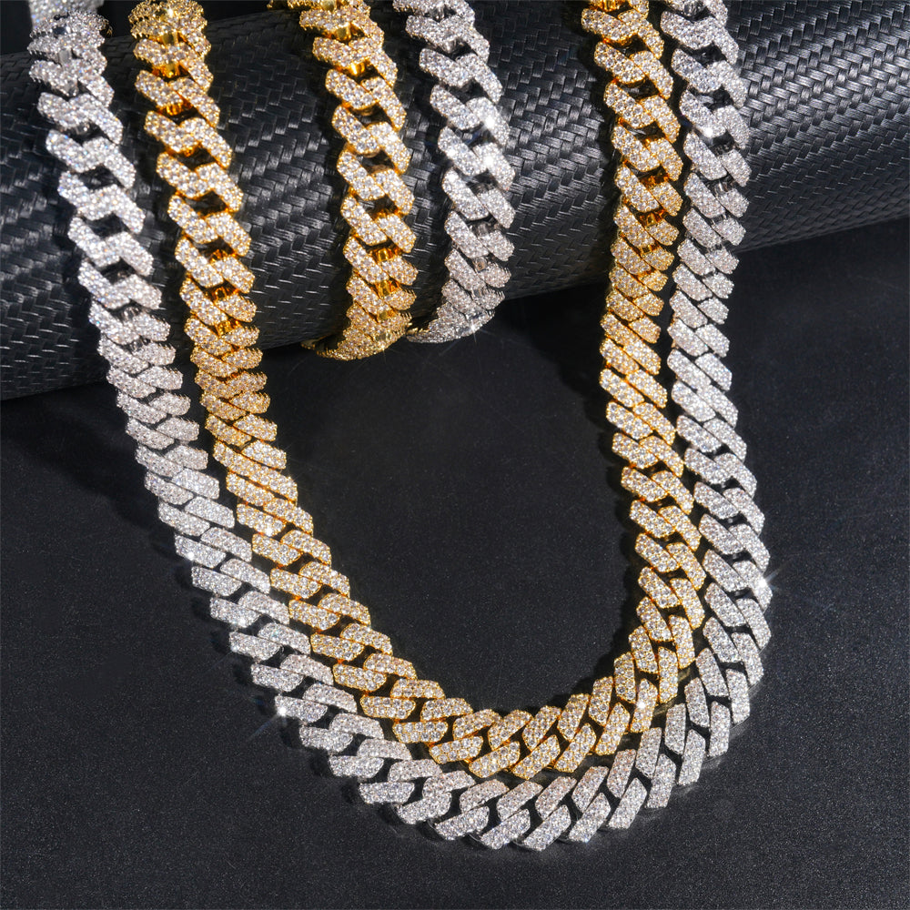 18K Yellow Gold Two Rows Prong Set Cuban Chain Necklace