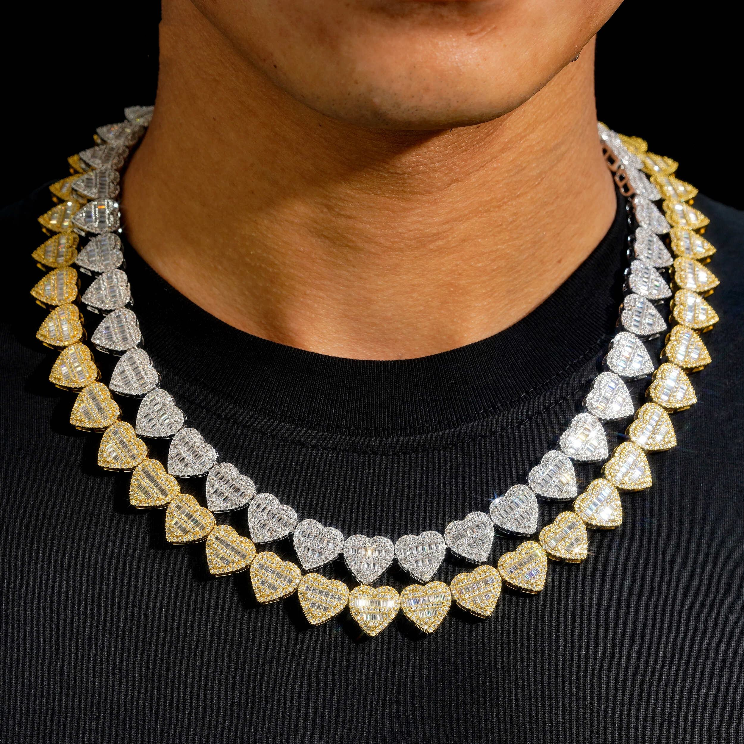 13MM Gold Baguette Cut Heart Tennis Chain Necklace