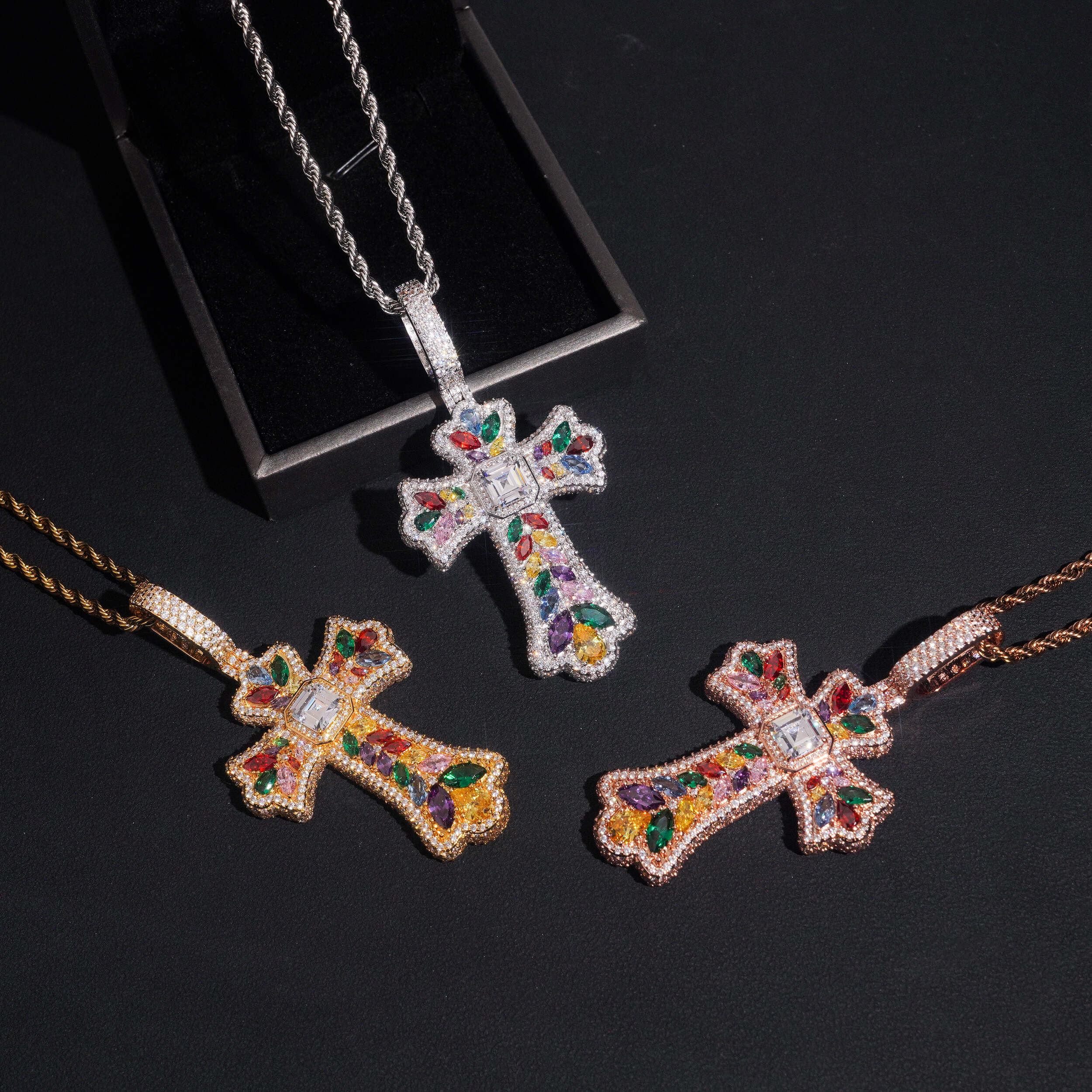 Hip Hop Fancy Cut Color Mix Cross Pendant Charm