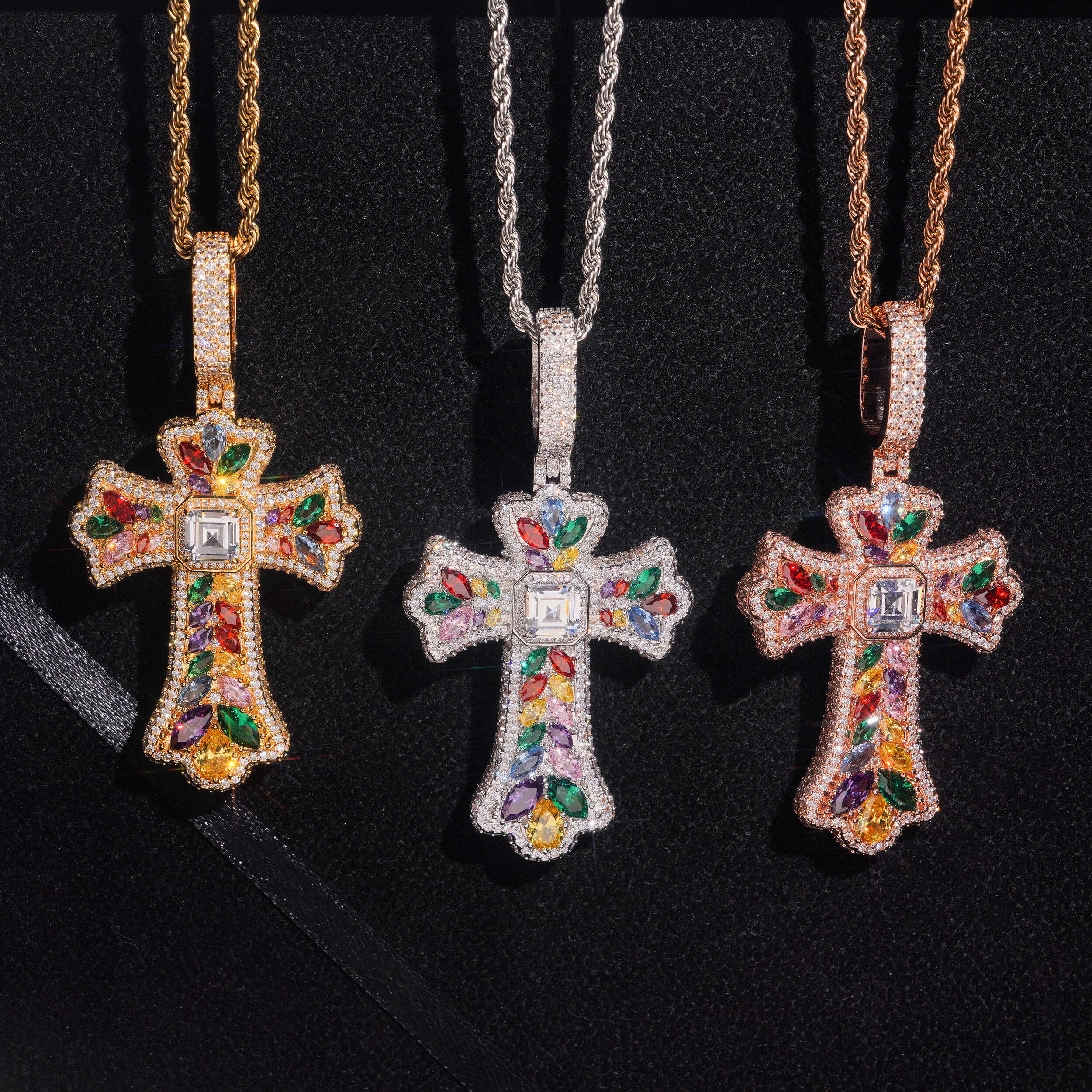 Hip Hop Fancy Cut Color Mix Cross Pendant Charm
