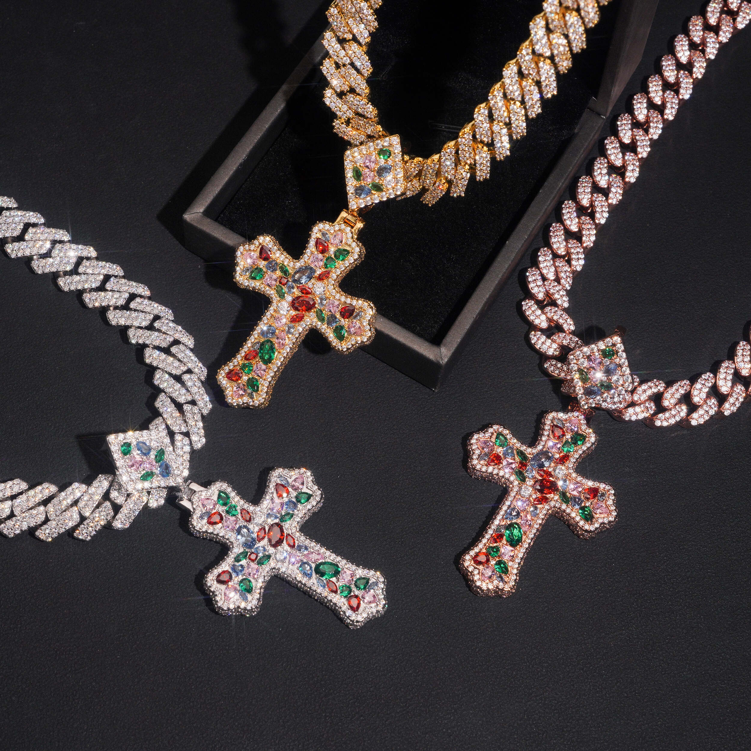 Fancy Cut Color Mix Cross Pendant Iced Out Men Jewelry
