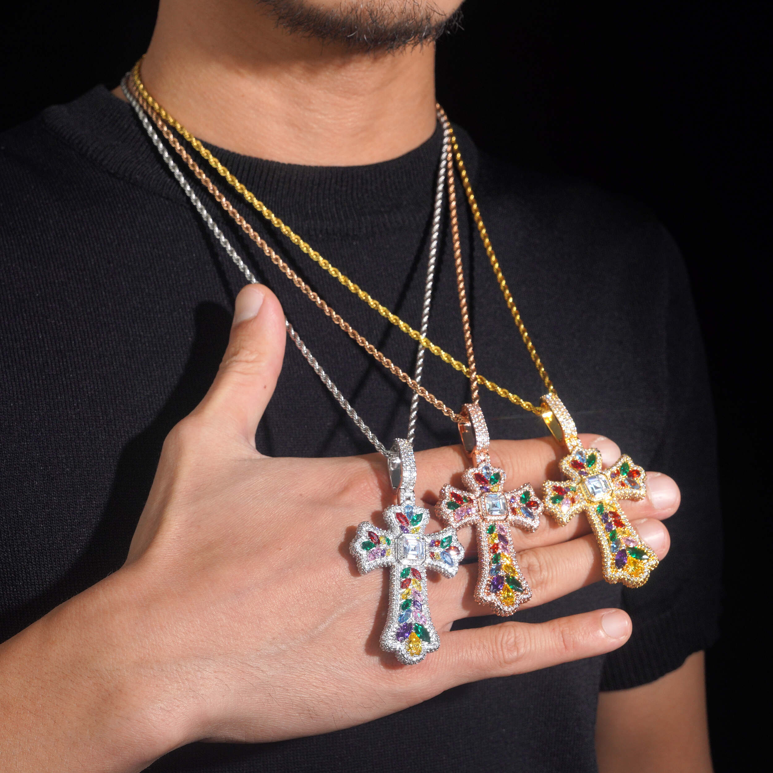 Fancy Cut Color Mix Cross Pendant Iced Out Men Jewelry