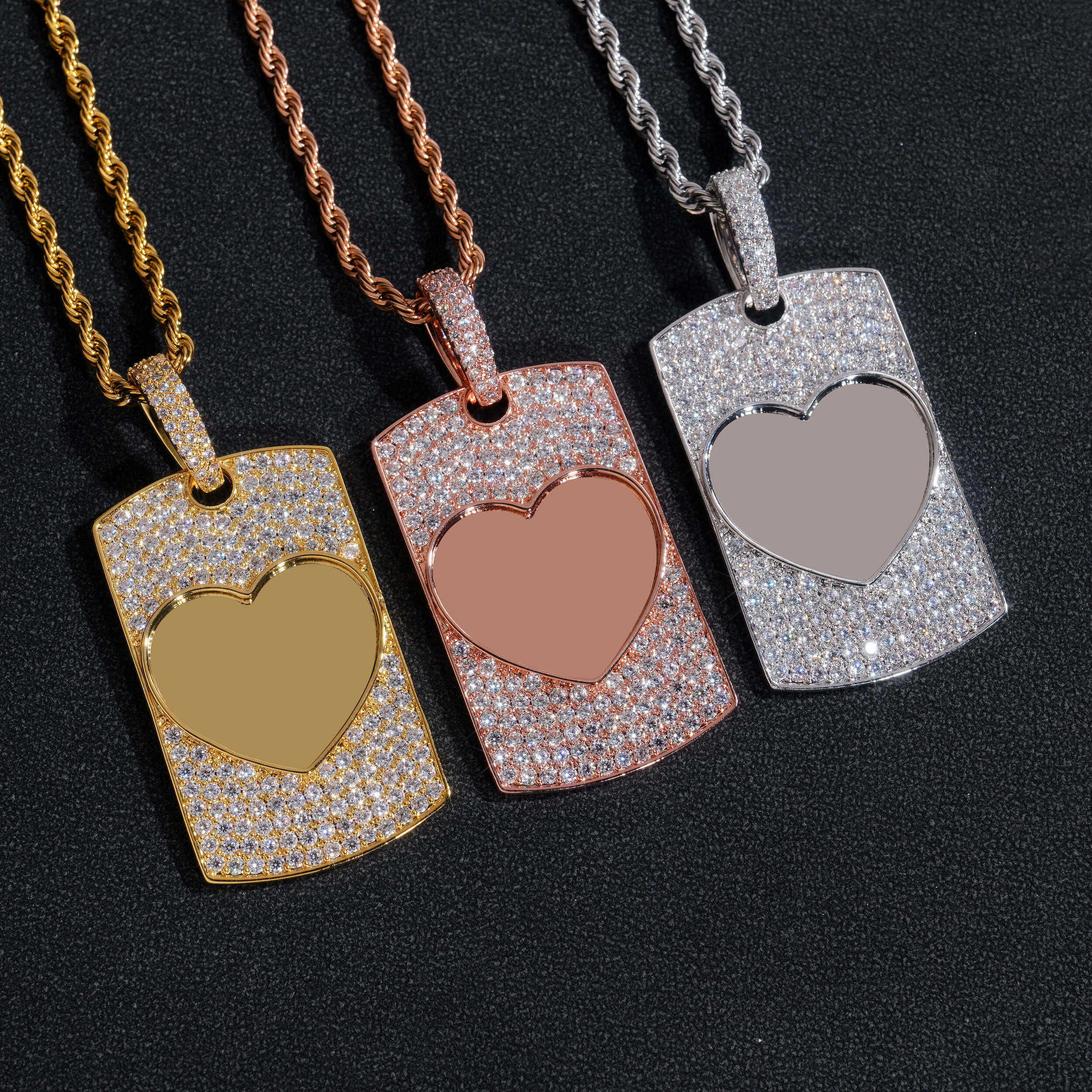 Iced Out Heart Shaped Photo Memory Dog Tag Pendant