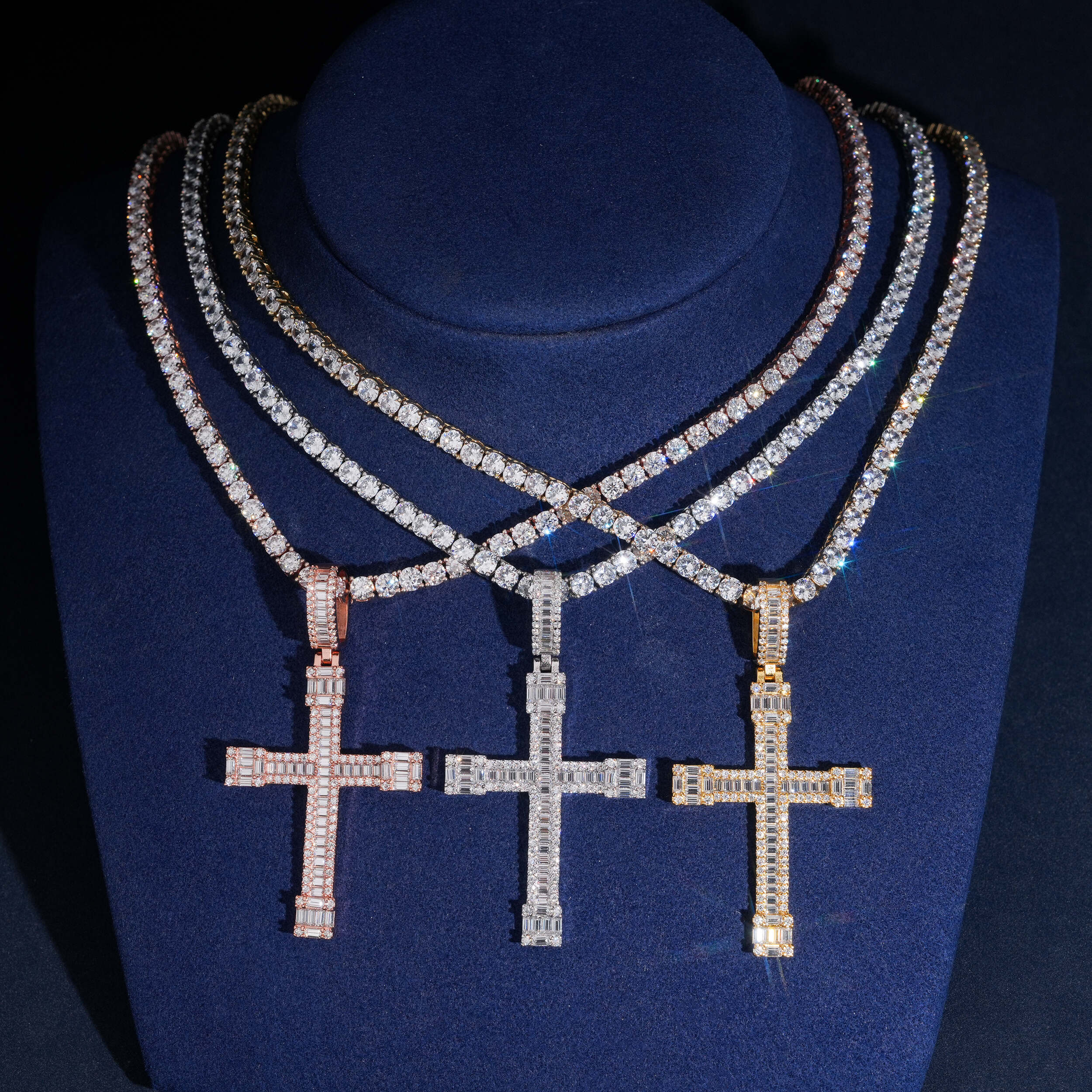 Classic Baguette Cut Cz Diamond Cross Pendant Charm Unisex