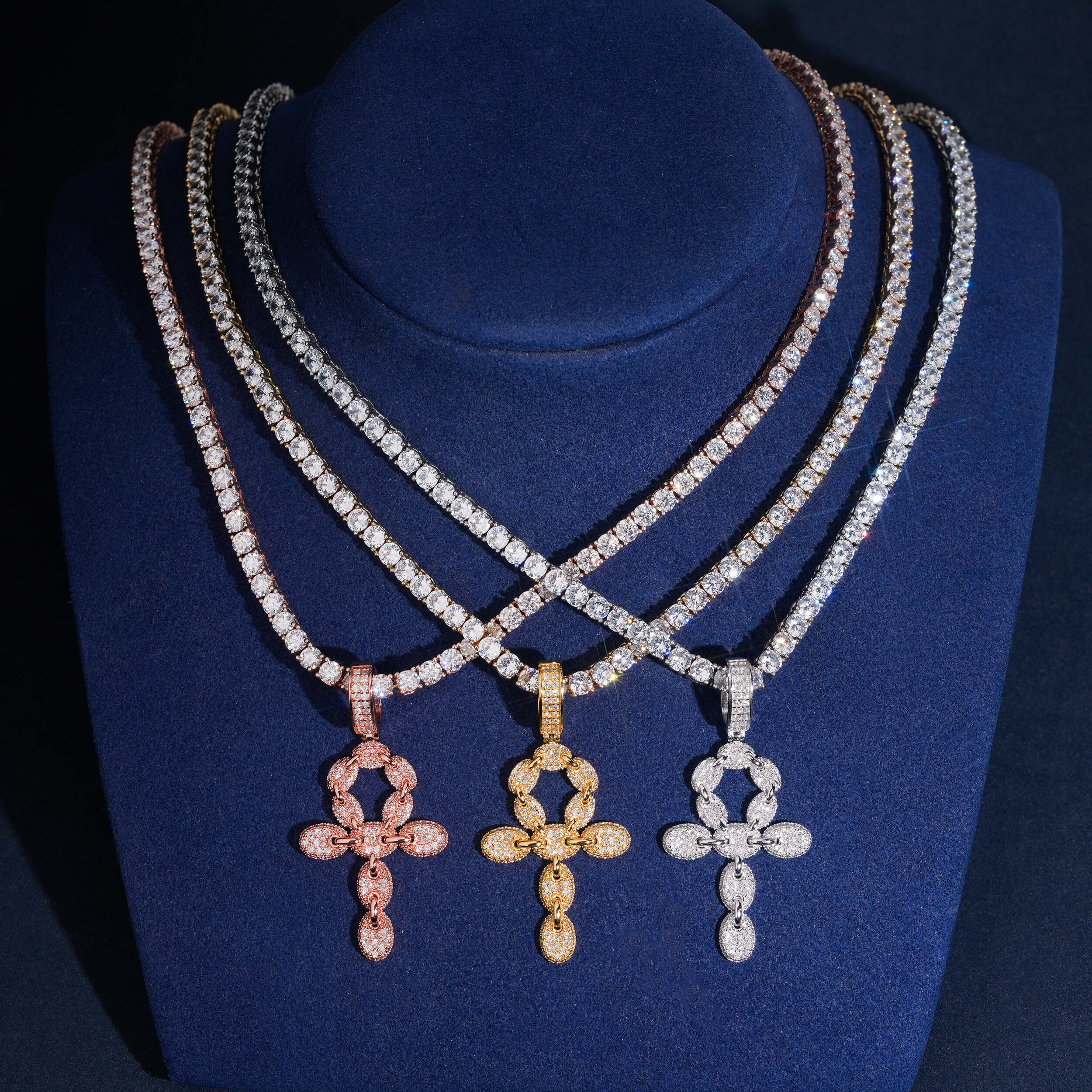 Micro Pave Cubic Zirconia Iced Out Mariner Link Ankh Cross Pendant