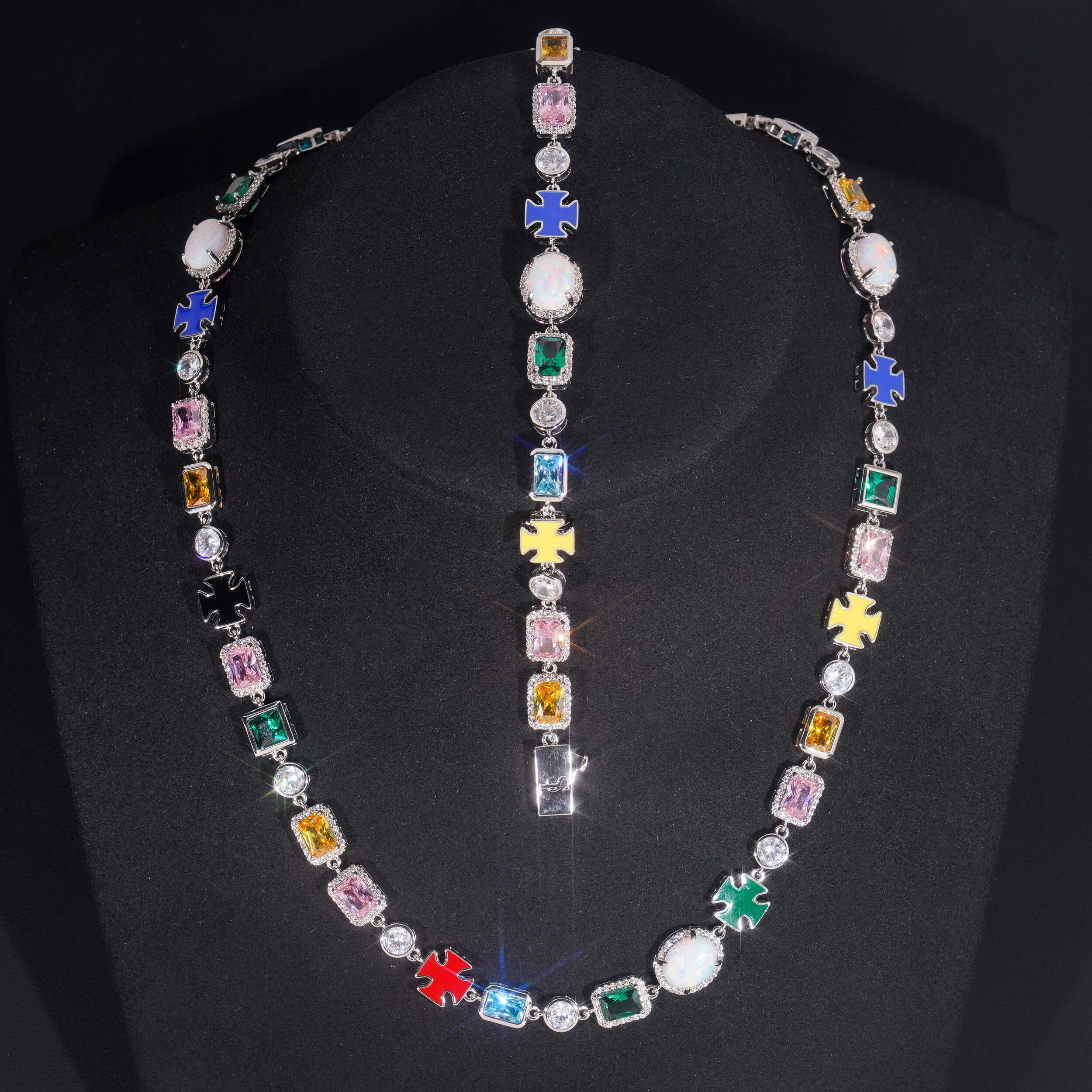 10MM Width Mix Color Cubic Zirconia Mix Opal Men Tennis Necklace