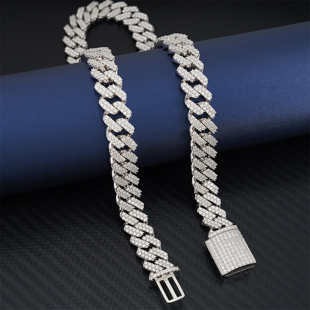 13MM Two Rows Miami Cuban Link Chain Necklace White Gold