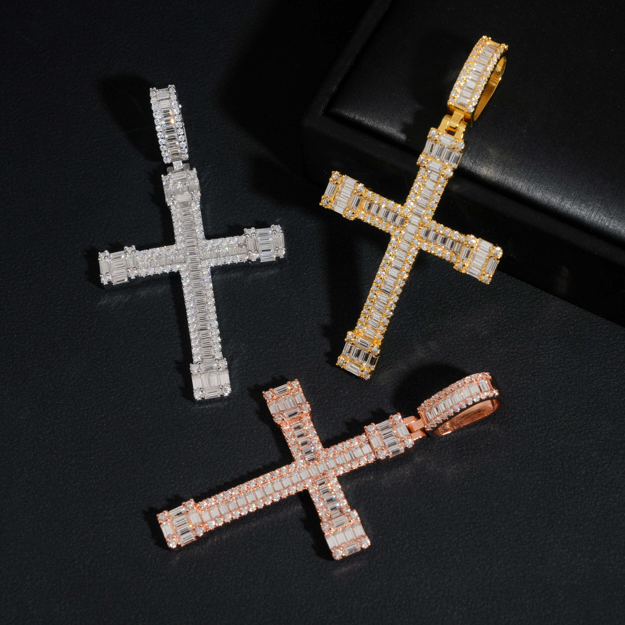 Classic Baguette Cut Cz Diamond Cross Pendant Charm Unisex