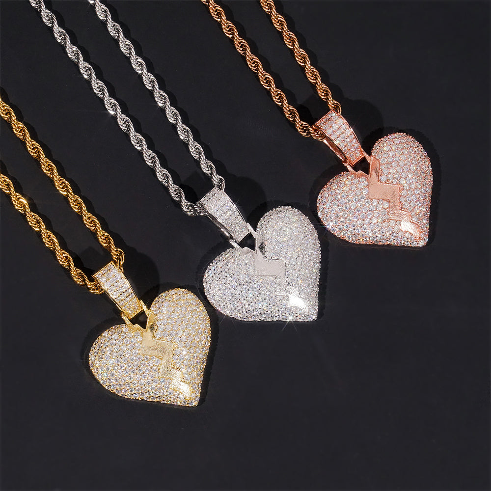 Iced Out Cubic Zirconia Hip Hop Broken Heart Pendant