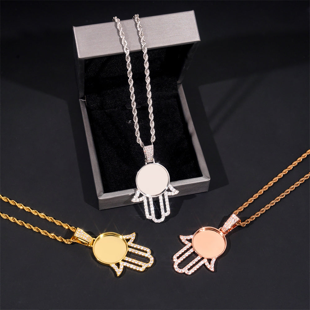 Hip Hop Iced Out Bling Jewelry Hamsa Hand Photo Memory Pendant