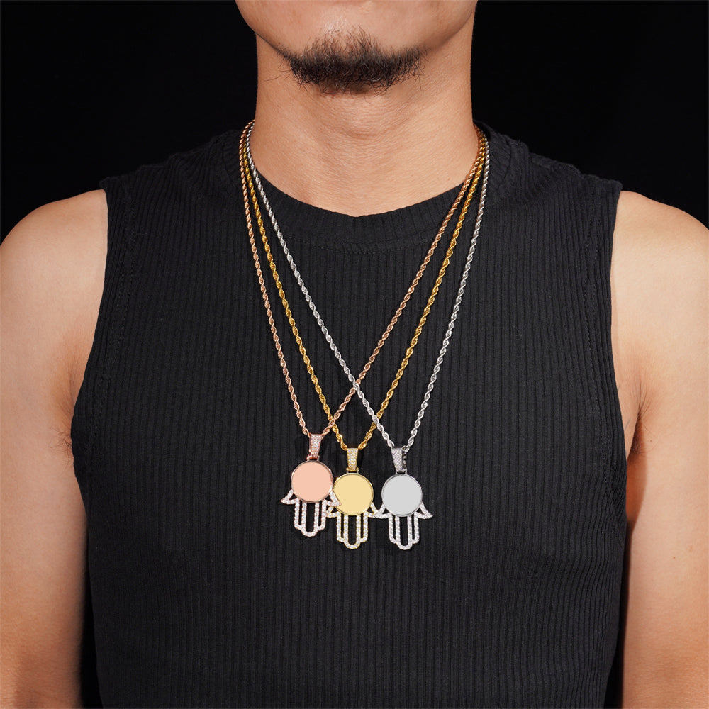 Hip Hop Iced Out Bling Jewelry Hamsa Hand Photo Memory Pendant