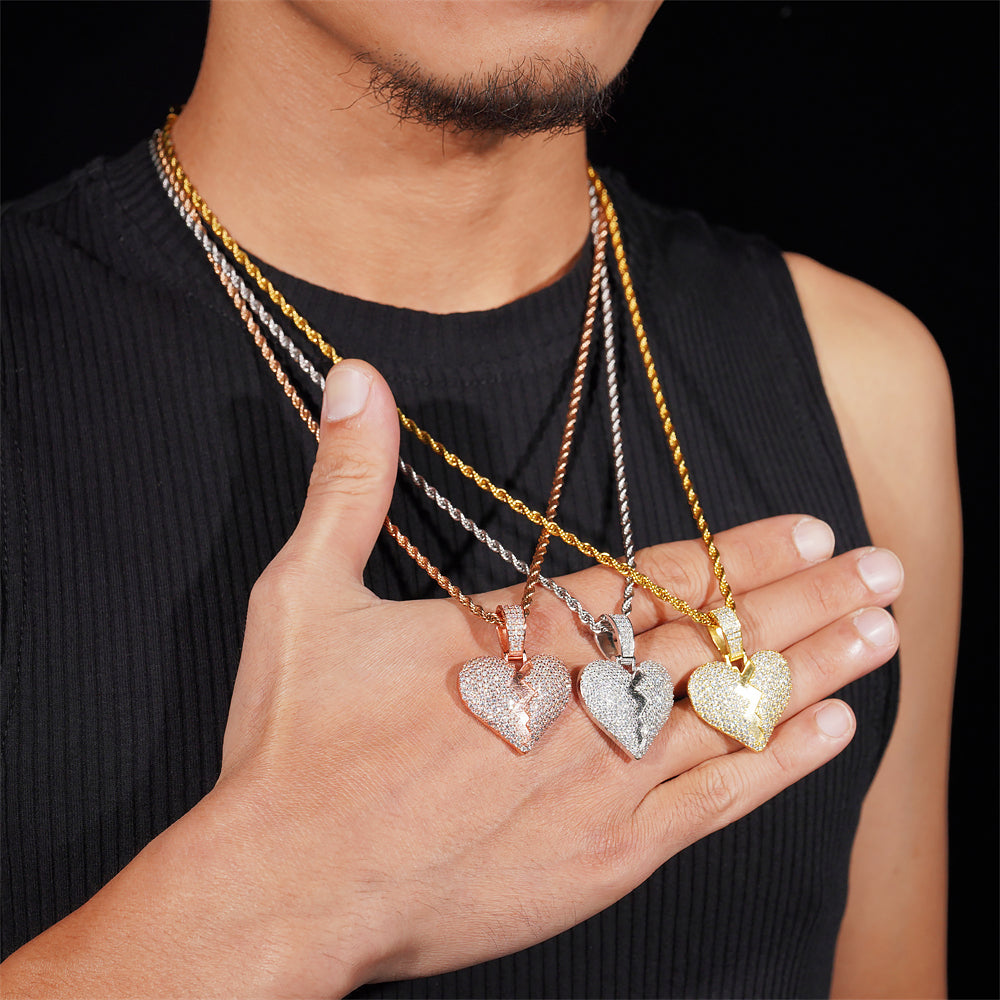 Iced Out Cubic Zirconia Hip Hop Broken Heart Pendant