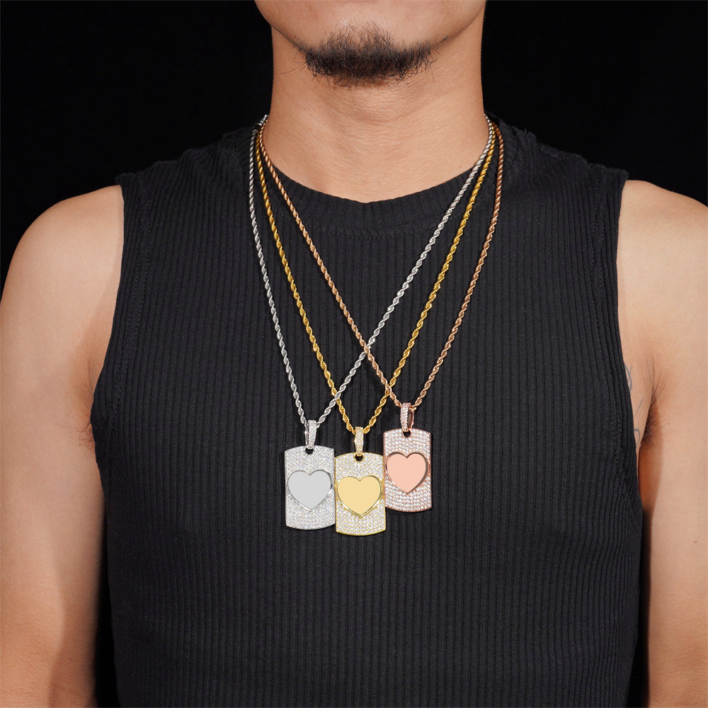 Iced Out Heart Shaped Photo Memory Dog Tag Pendant